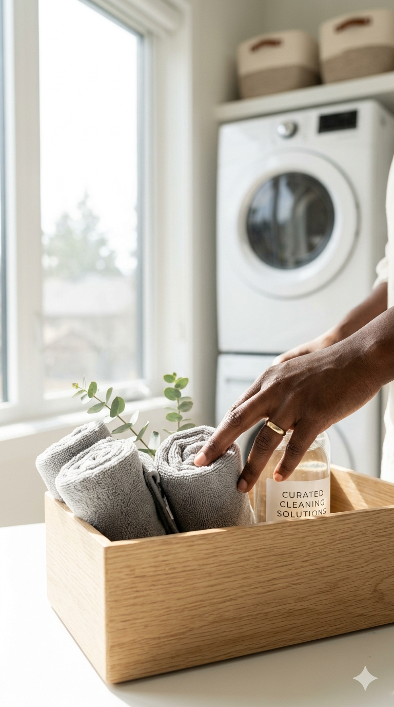 Hand placing folded gray towels into a wooden box with a small sprig of greenery and a bottle labeled "Curated Cleaning Solutions" on a white surface, laundry room in background.