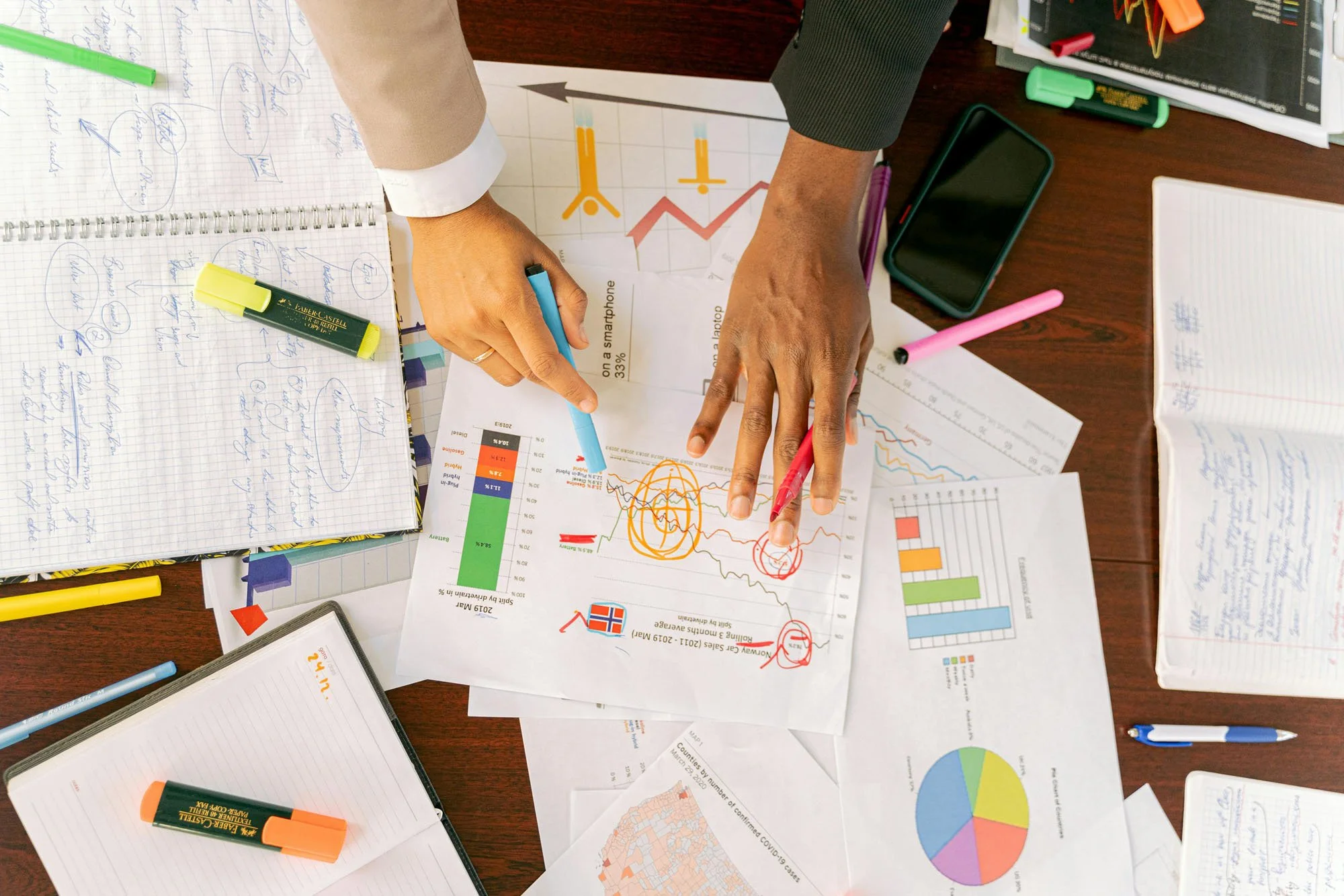 Hands pointing to printed charts, graphs, and annotated notes on a table, showing a collaborative data analysis and planning discussion.