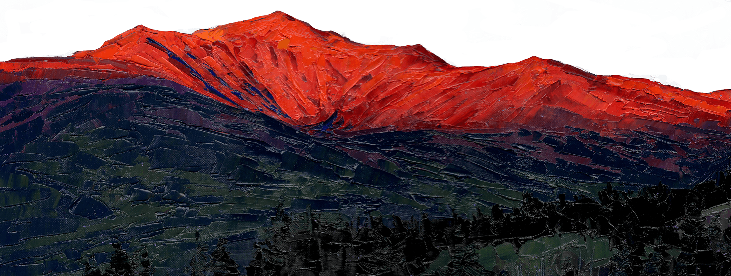 Abstract painting of a mountain range with a red summit and dark, layered slopes beneath.