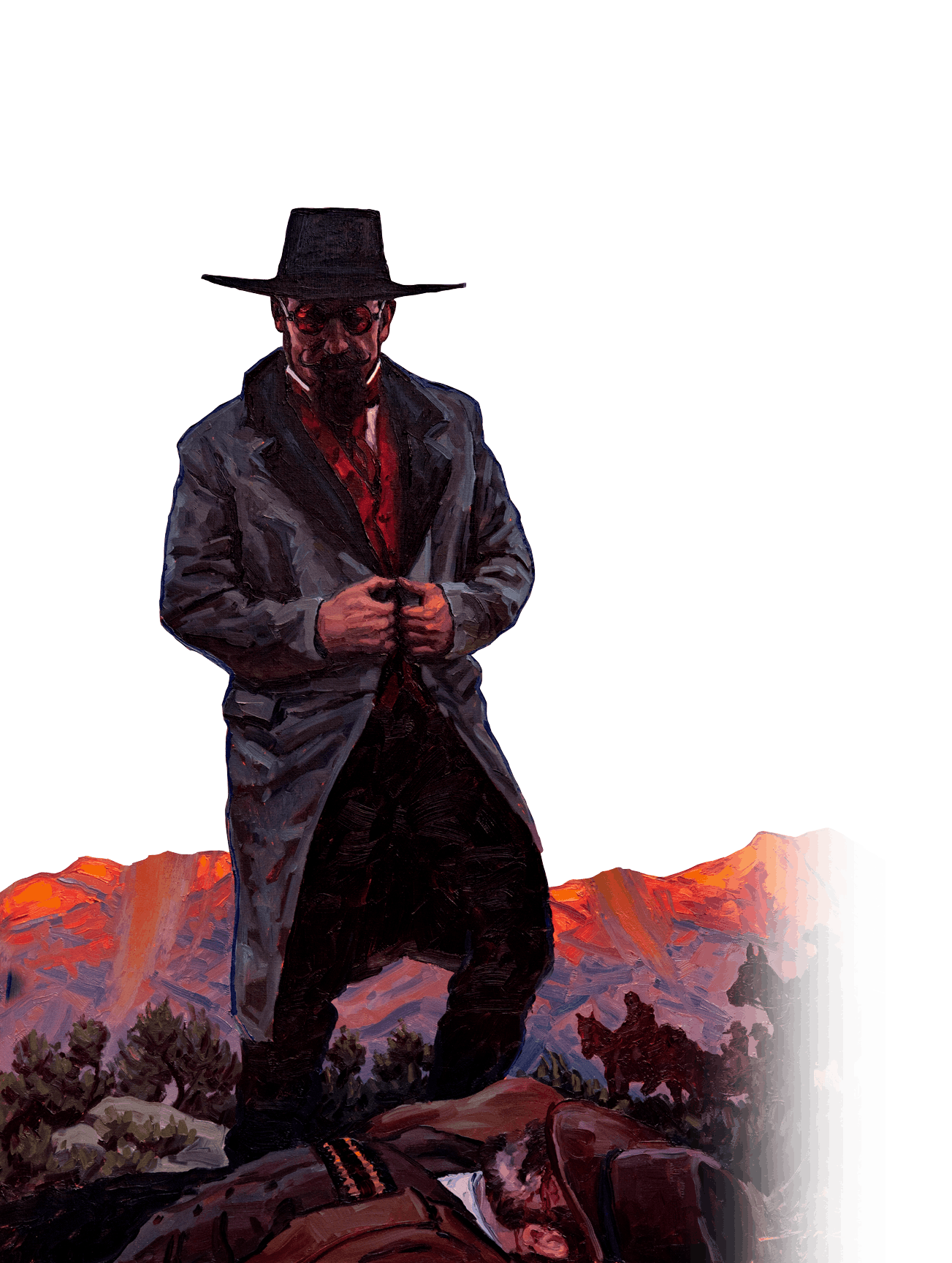 A man dressed in cowboy attire, wearing a wide-brimmed hat and long coat, stands in front of a mountain landscape at sunset, with a person lying on the ground nearby.