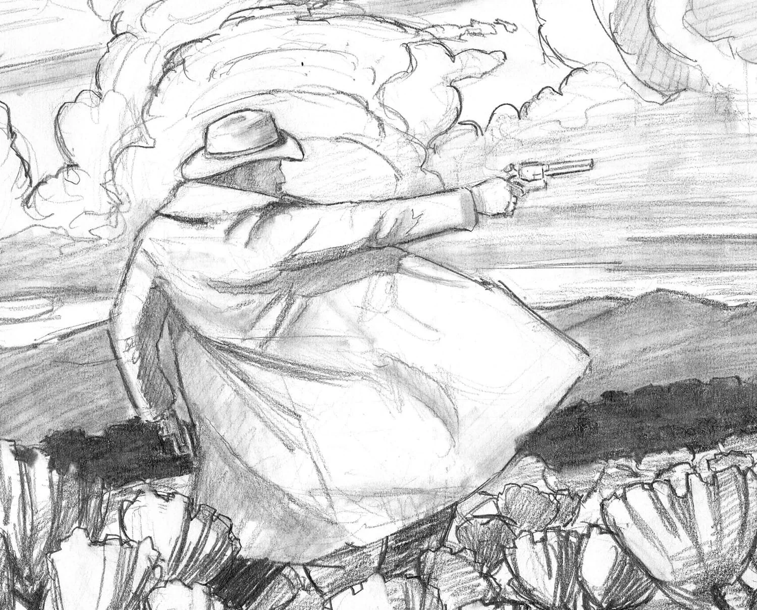 A person wearing a hat and long coat, crouching behind rocks, firing a revolver into the distance, with a cloudy sky in the background.