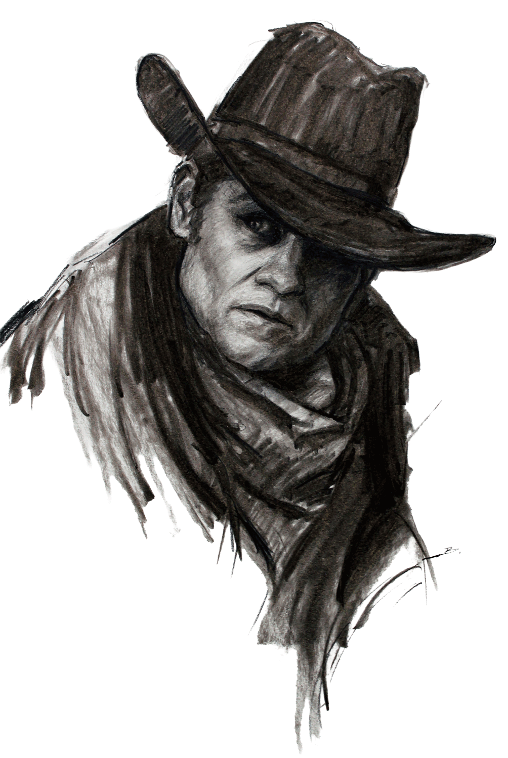 Black and white illustration of a man wearing a wide-brimmed hat, looking serious.