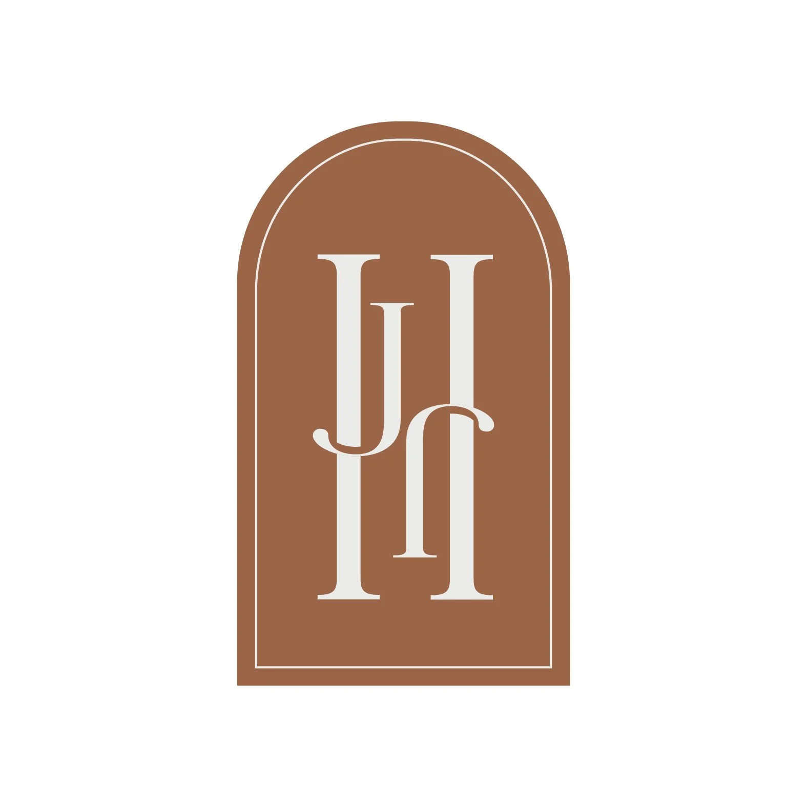 A brown door with the white letters J and I overlapping in the center.