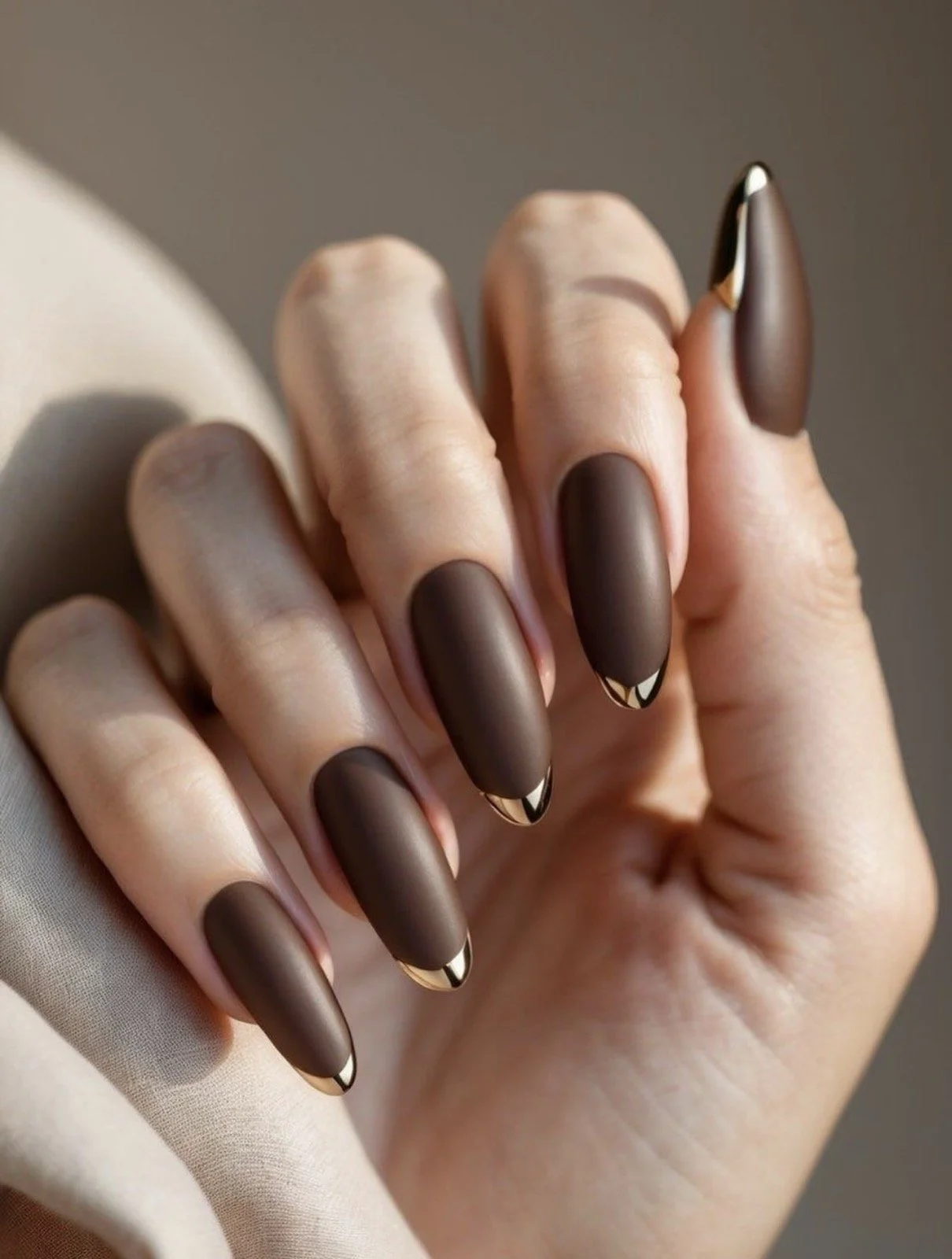 Matinis rudas manikiūras su auksinėmis detalėmis grožio salone „Edita“.