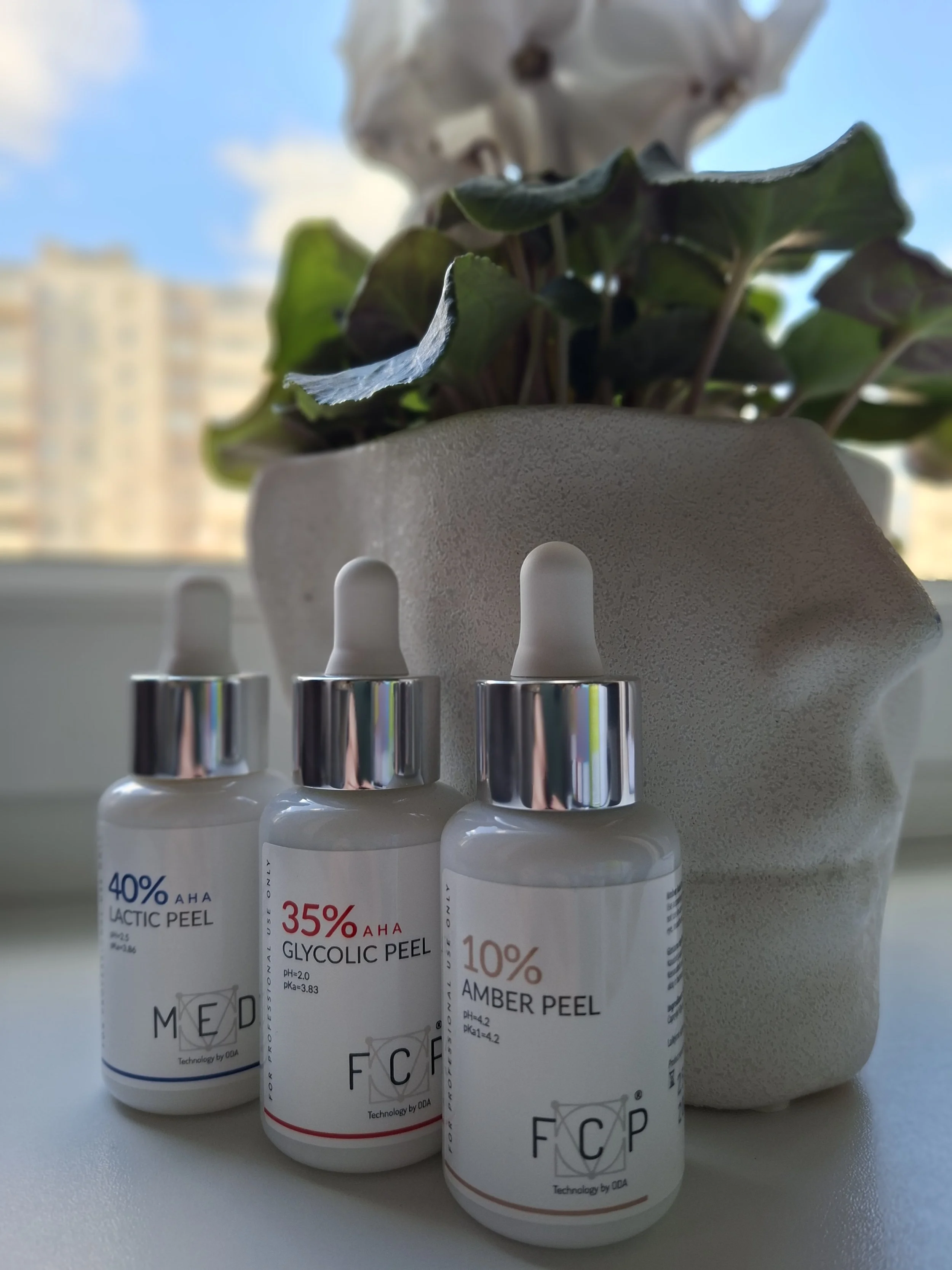Three skincare bottles labeled with different peel percentages in front of a white textured container holding a decorative plant with green and purple leaves, with a blue sky and buildings visible in the background.