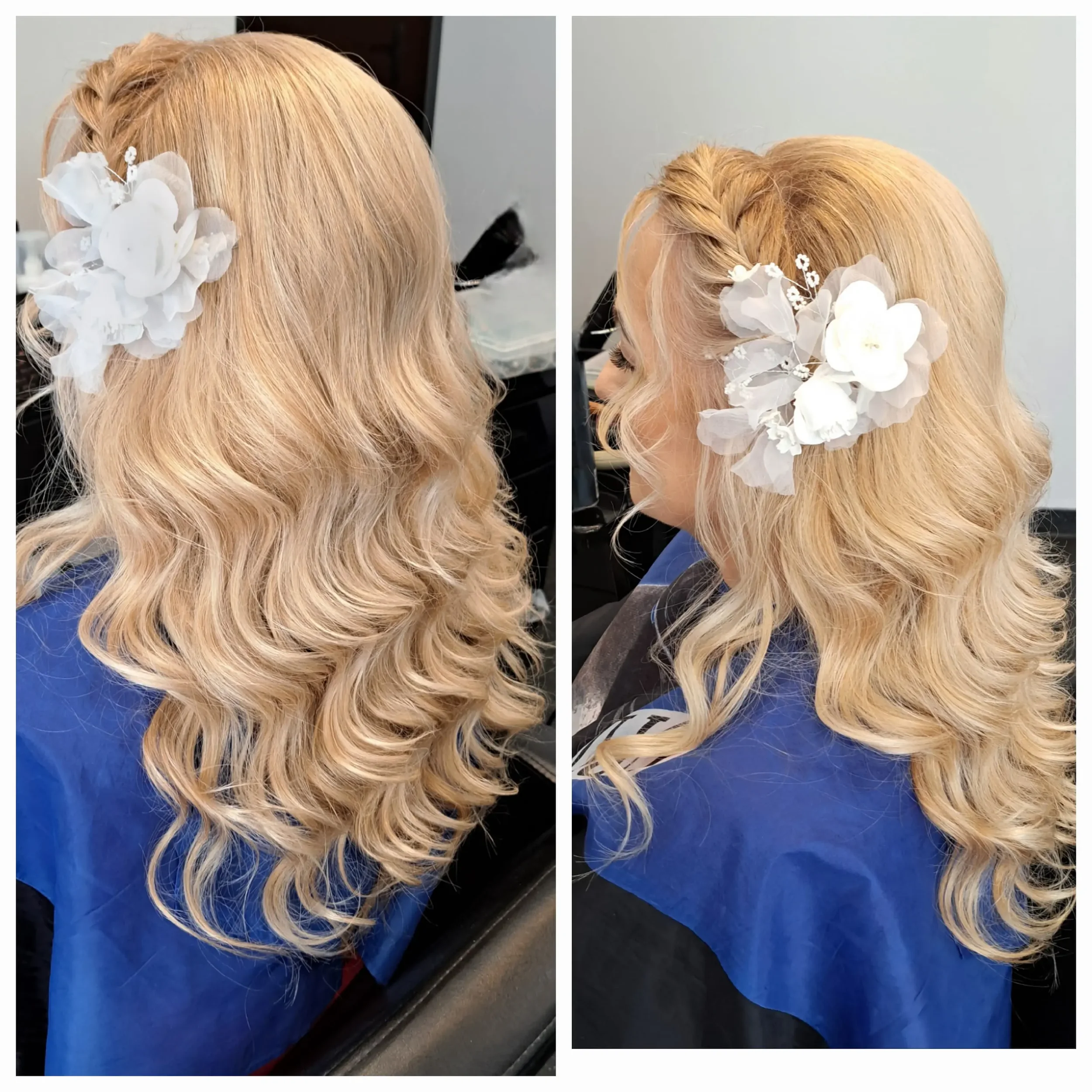 Nuotakos ar proginė šukuosena su gėlėmis ilgiems plaukams salone „Edita“.