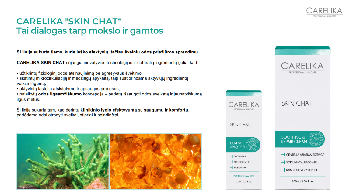 Product packaging for Carelika Skin Chat soothing and repair cream, including a small box and a larger box, along with two images of natural ingredients, one resembling coral and the other amber-colored crystals.