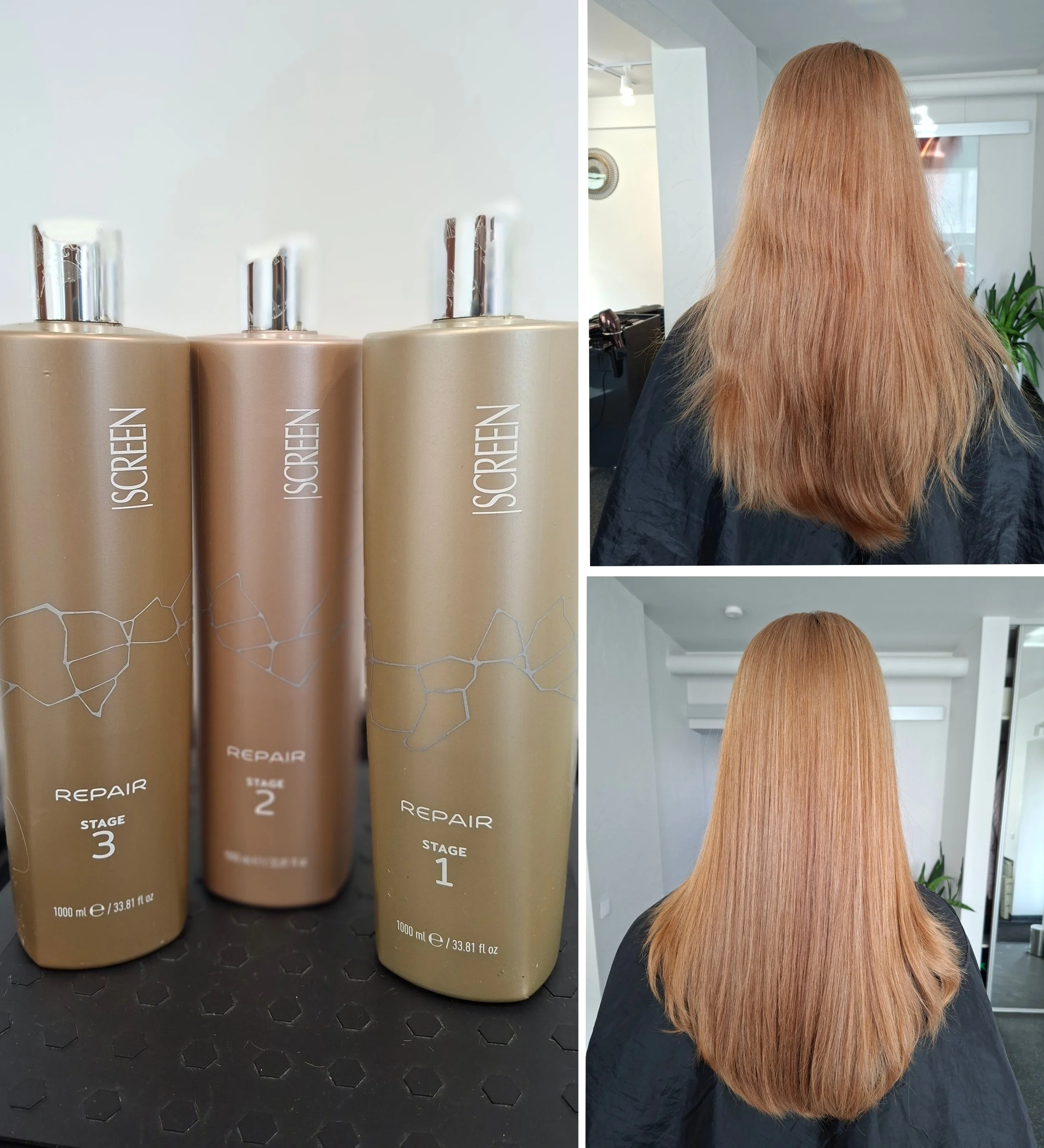 Close-up of three bottles of hair dye labeled 'REPAIR' with numbered stages of application, next to a woman with long, straight, reddish-blonde hair, in a hair salon.