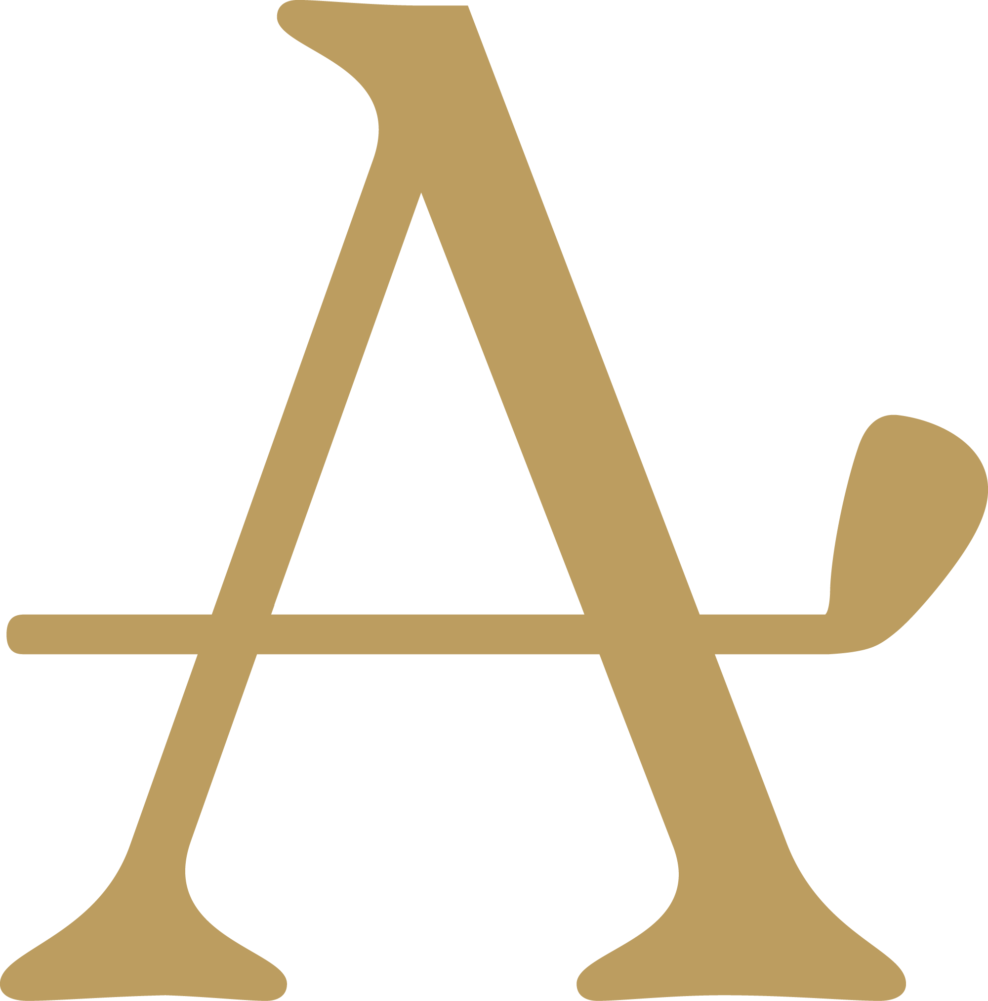 Gold stylized letter A with a curved tail on a black background.