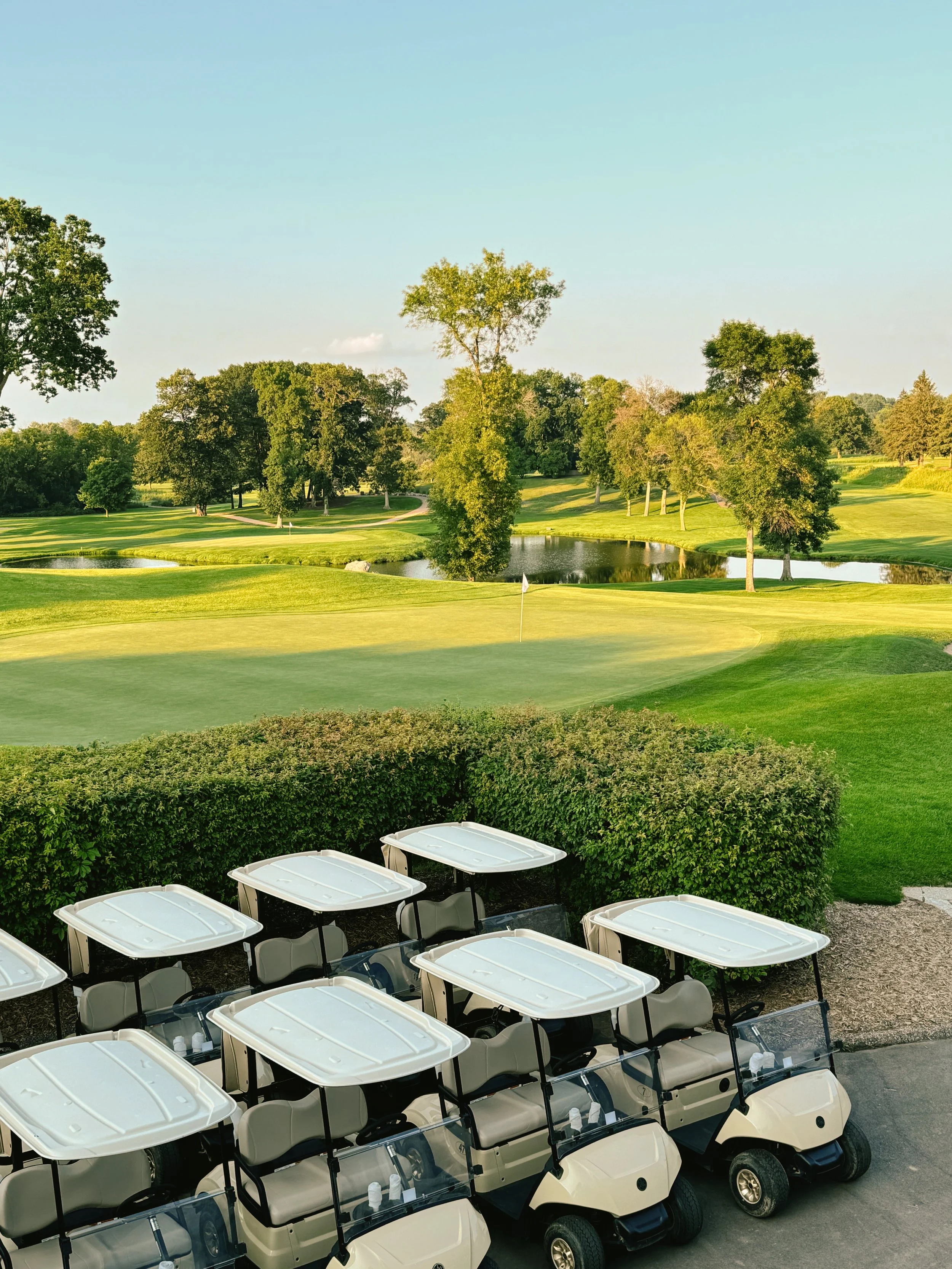 A row of beige golf carts parked on a paved path with a green hedge behind them, overlooking a golf course with green fairways, sand traps, a small pond, and several trees under a clear blue sky.