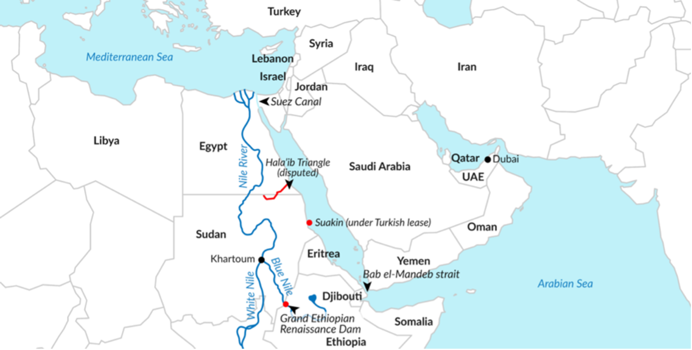 Map of the Nile River and surrounding countries in the Middle East and Africa, showing the river's source in Ethiopia, its course through Sudan, Egypt, and other countries, and major water routes and dams.