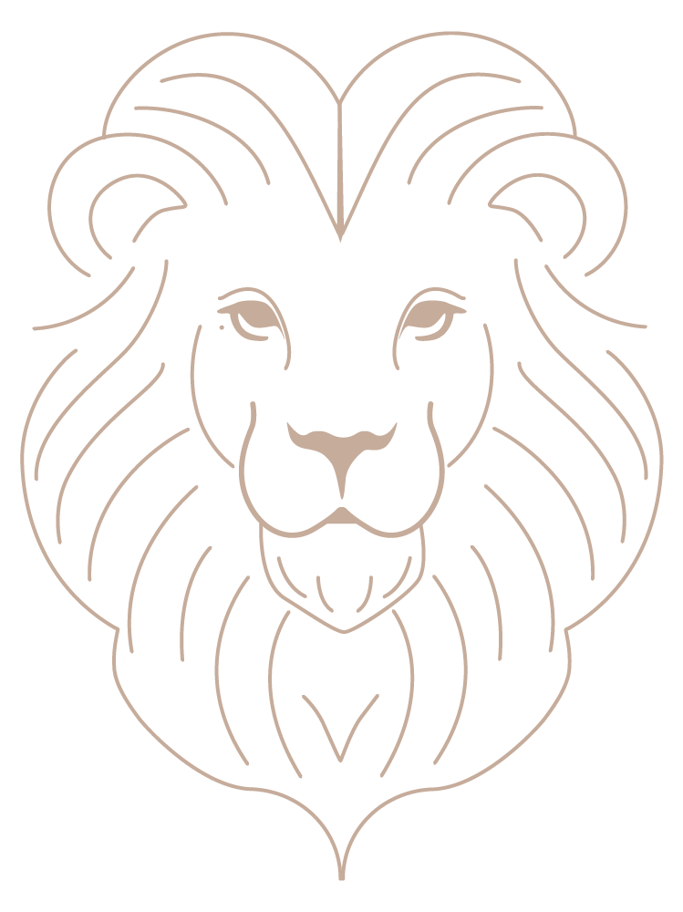 Minimalist line art of a lion's face with a mane, in beige on a black background.