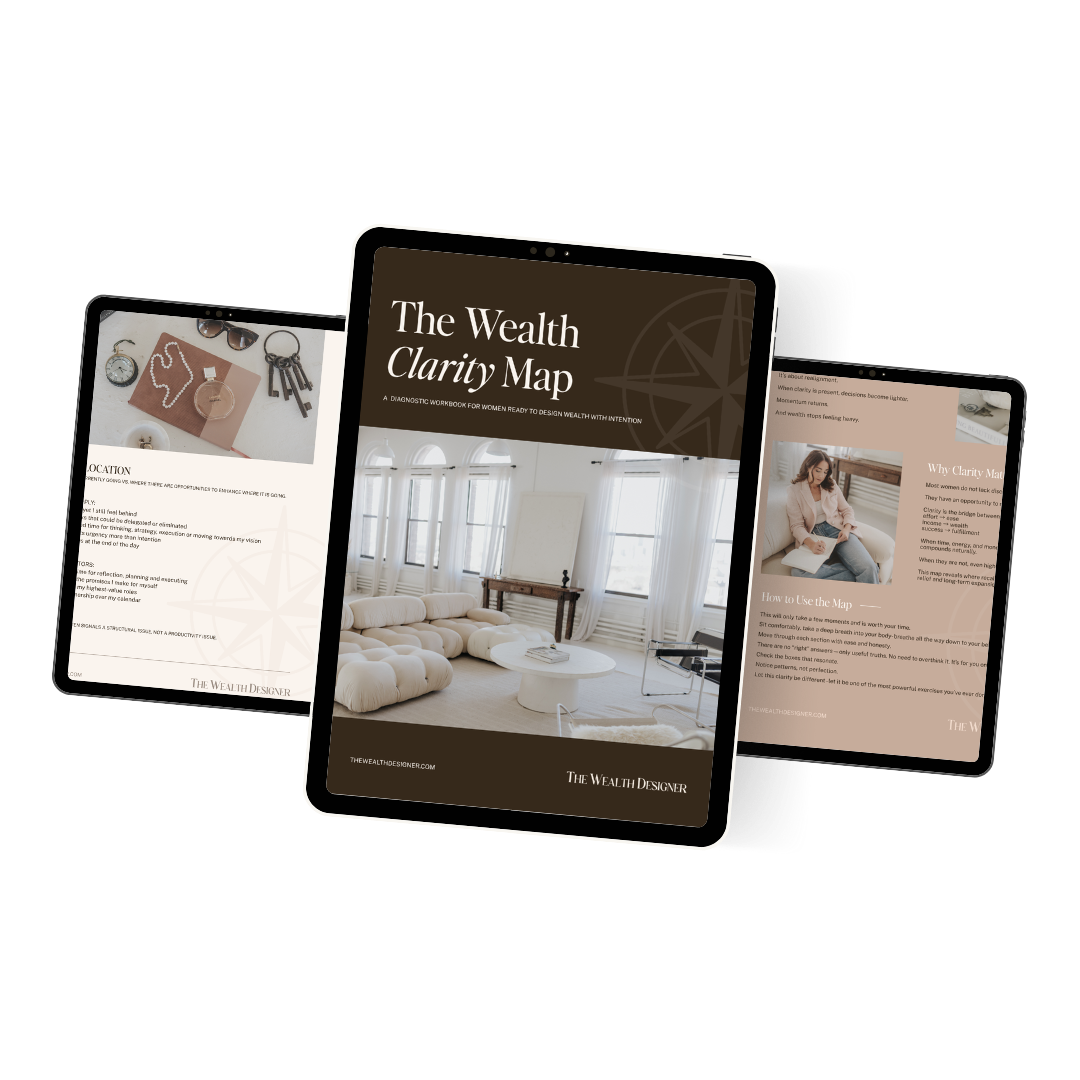 Three digital tablets displaying a guide titled 'The Wealth Clarity Map' with images of a modern living room, accessories, and a woman writing in a notebook.