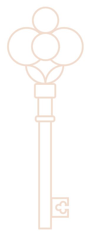 Outline of a vintage key with a bow resembling a cluster of balloons or flowers.