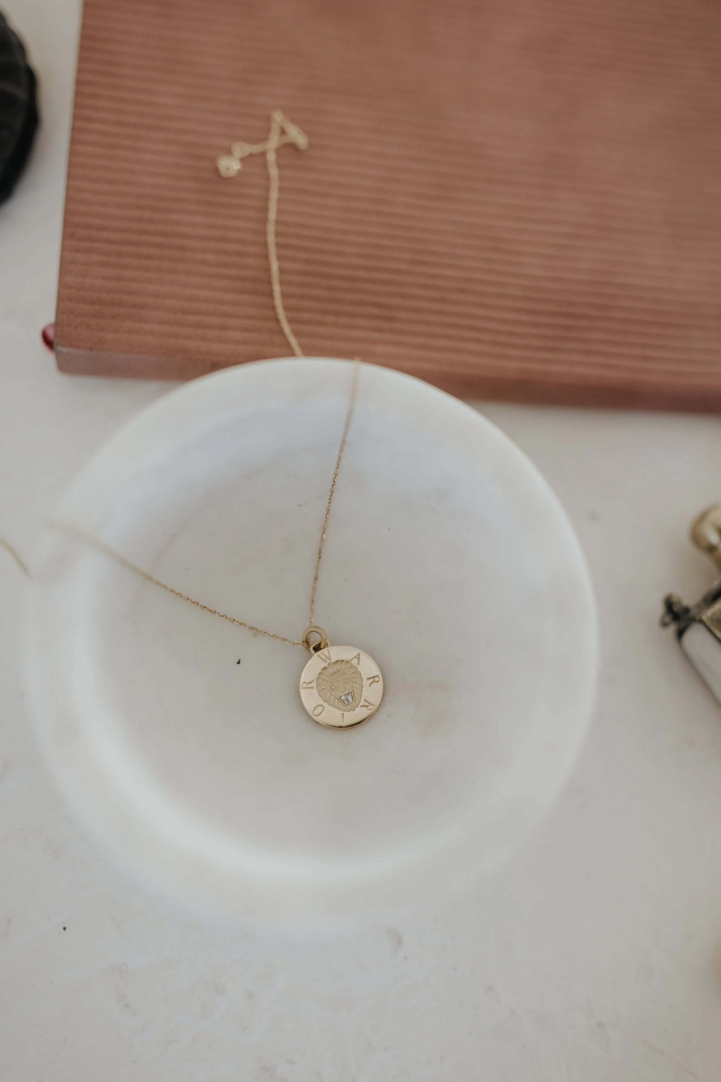Gold necklace with a lion face pendant, placed inside a white bowl. There is a pink textured box in the background.