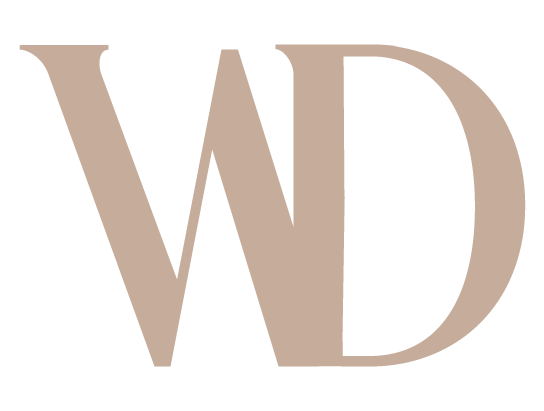 Stylized letters W and D overlapping each other in beige color on a black background.