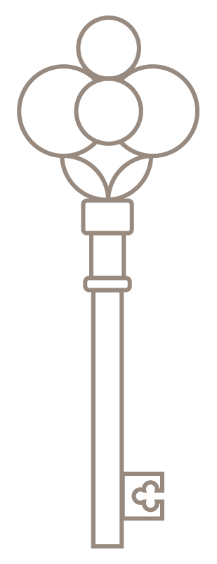Outline of a key with a flower-shaped bow consisting of five circles.