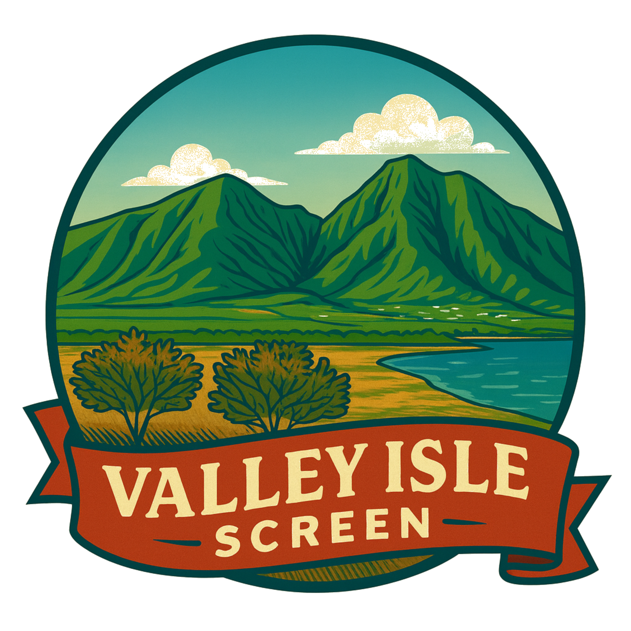 Illustration of a mountainous landscape with green hills, a river, trees, and clouds, with the words 'Valley Isle Screen' on a red banner.