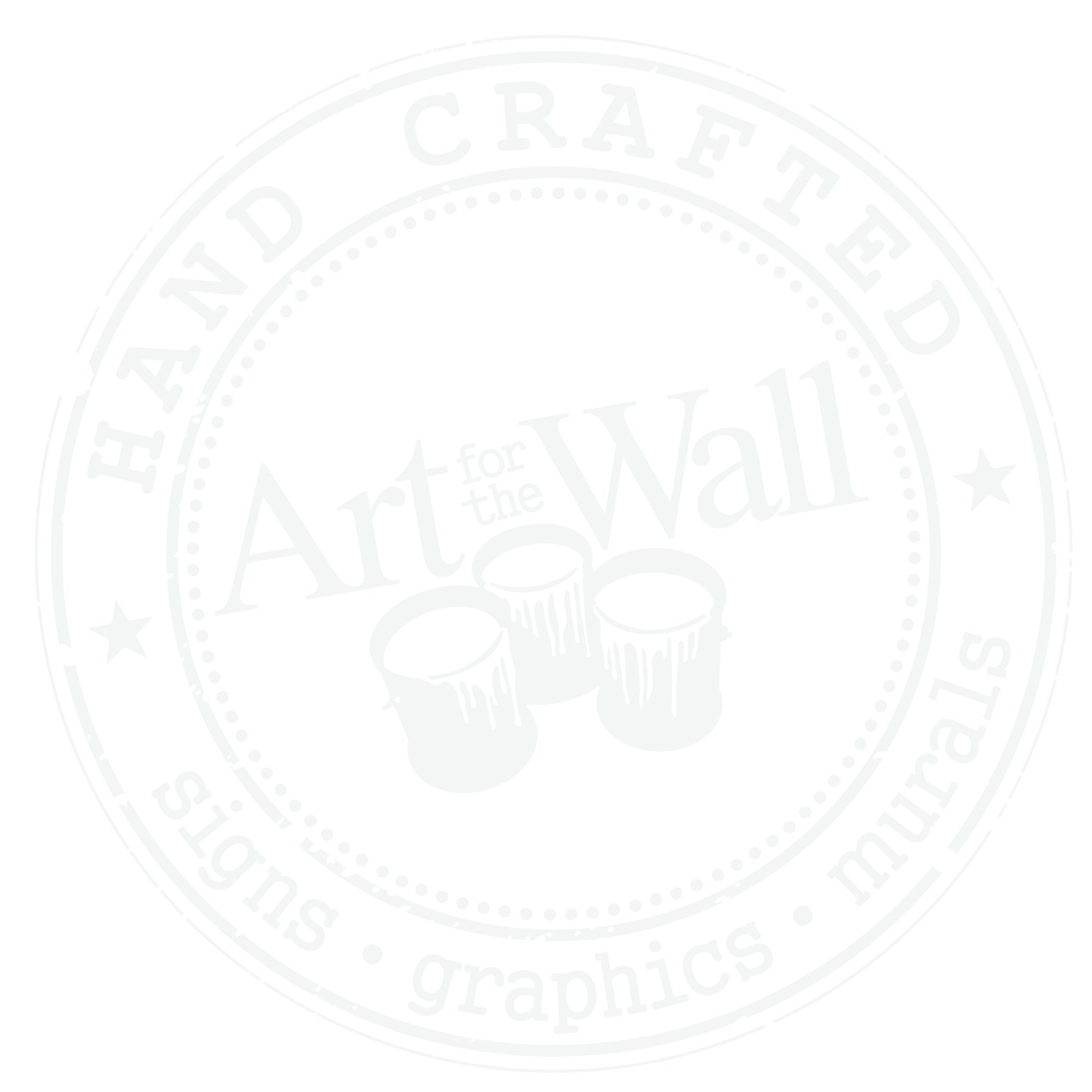 Circular black and white logo with the text ‘Hand Crafted Signs Graphics Mural’ around the edge and ‘Art for the Wall’ in the center, accompanied by three paint cans dripping with paint.