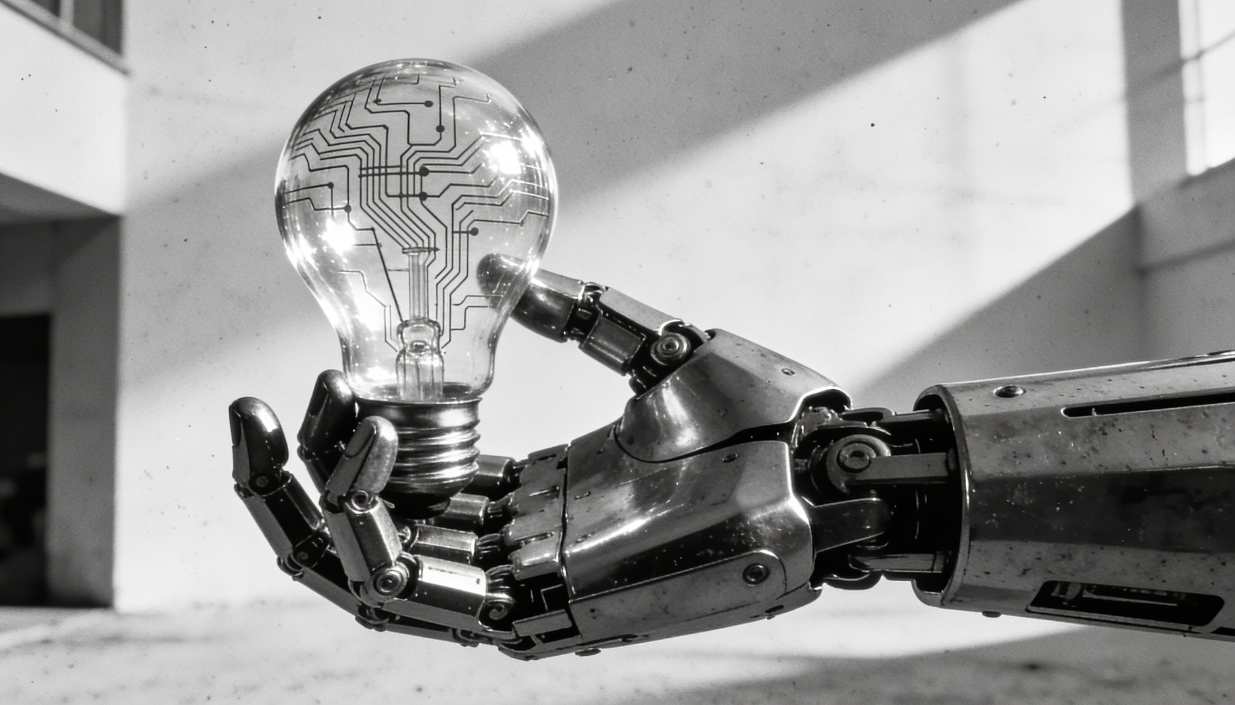 Roboterhand hält Glühbirne Innovation und Technologie REVIS-1 Produktentwicklung