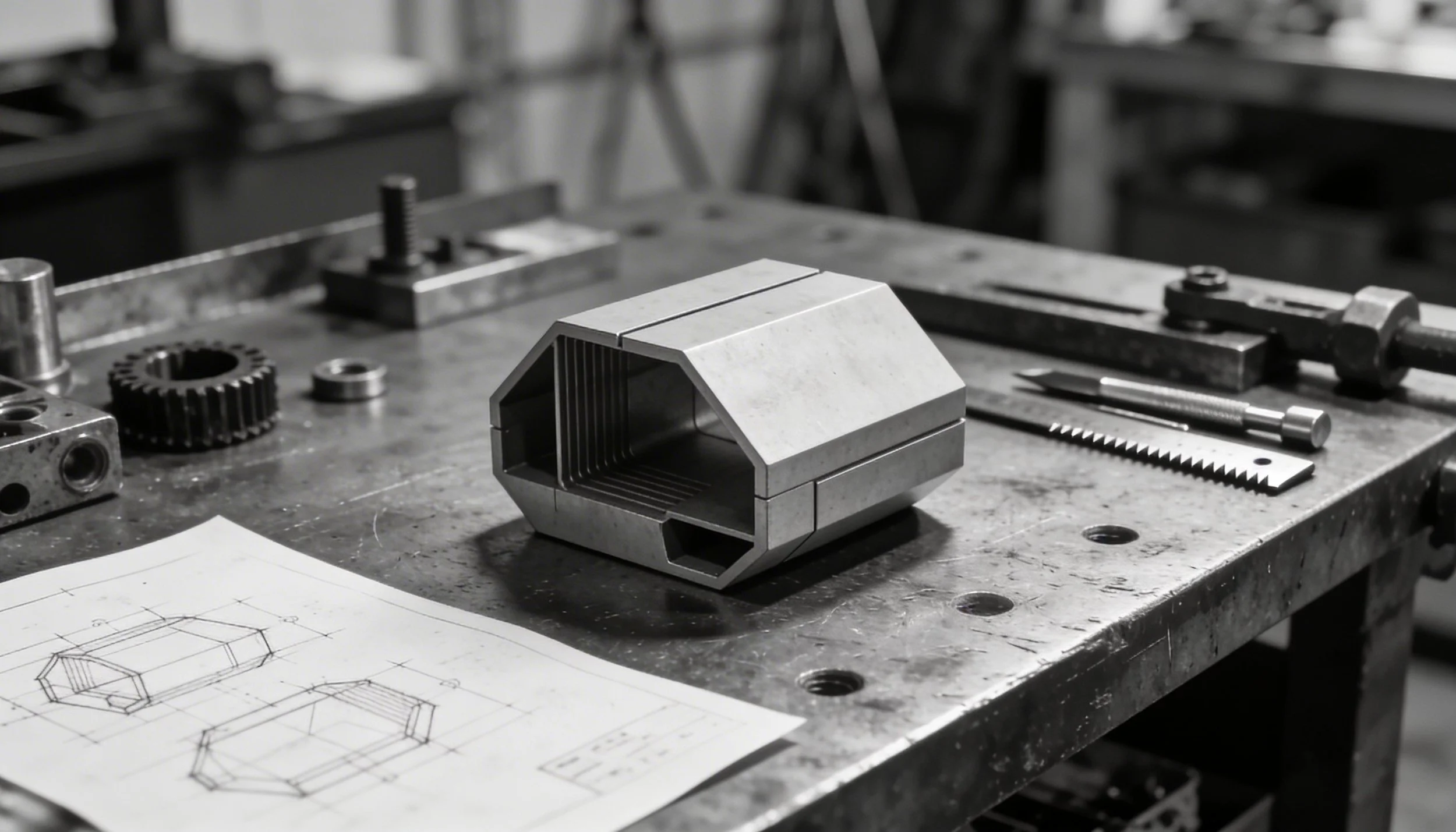 Produktfertigung und Metallentwicklung Prototyp auf technischer Zeichnung REVIS-1