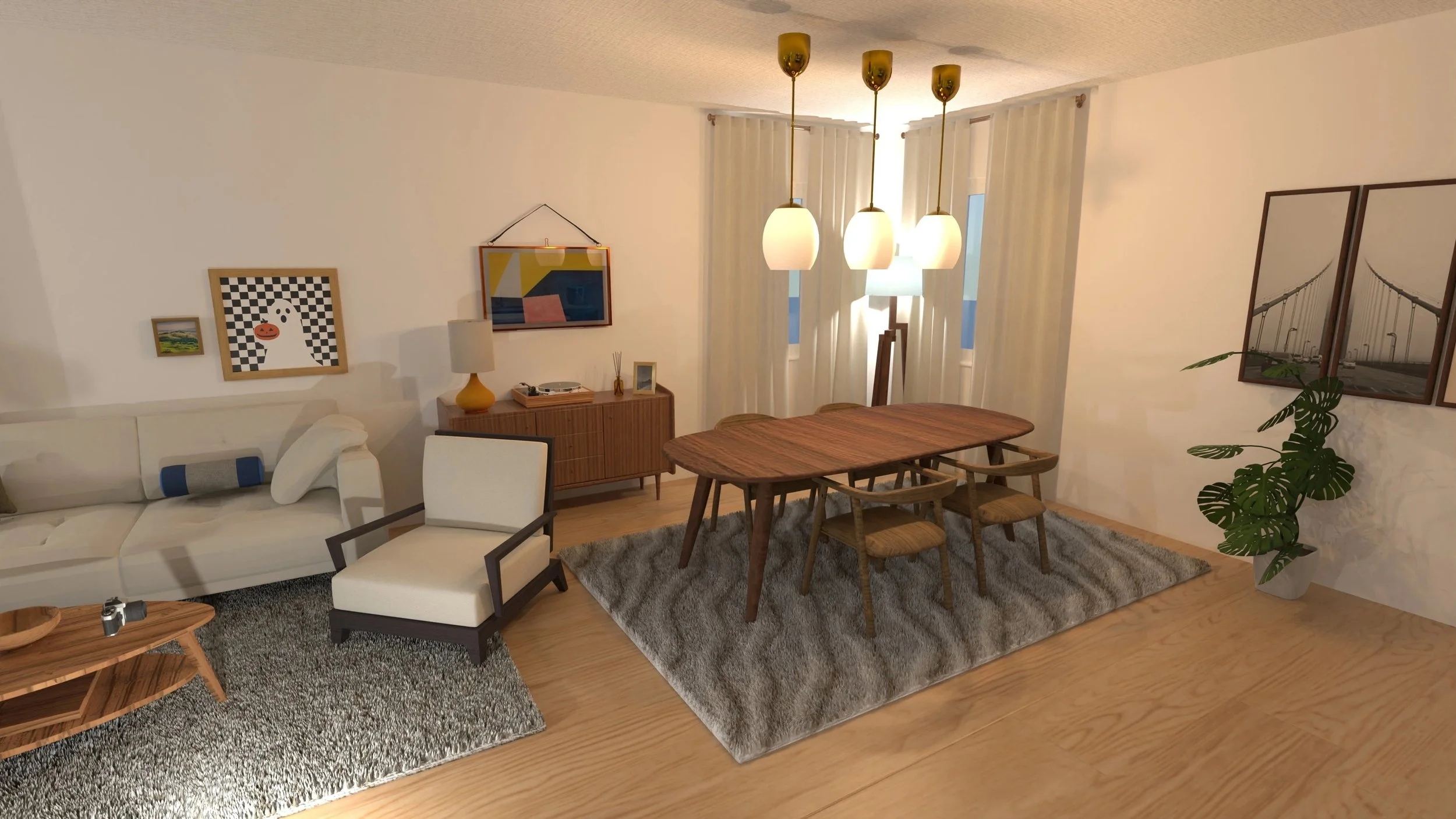 Living and dining area with white sofa, armchair, wooden dining table with four chairs, modern pendant light fixtures, framed artwork on the wall, a tall floor lamp, a wooden sideboard with decor items, a potted plant, and a gray rug.
