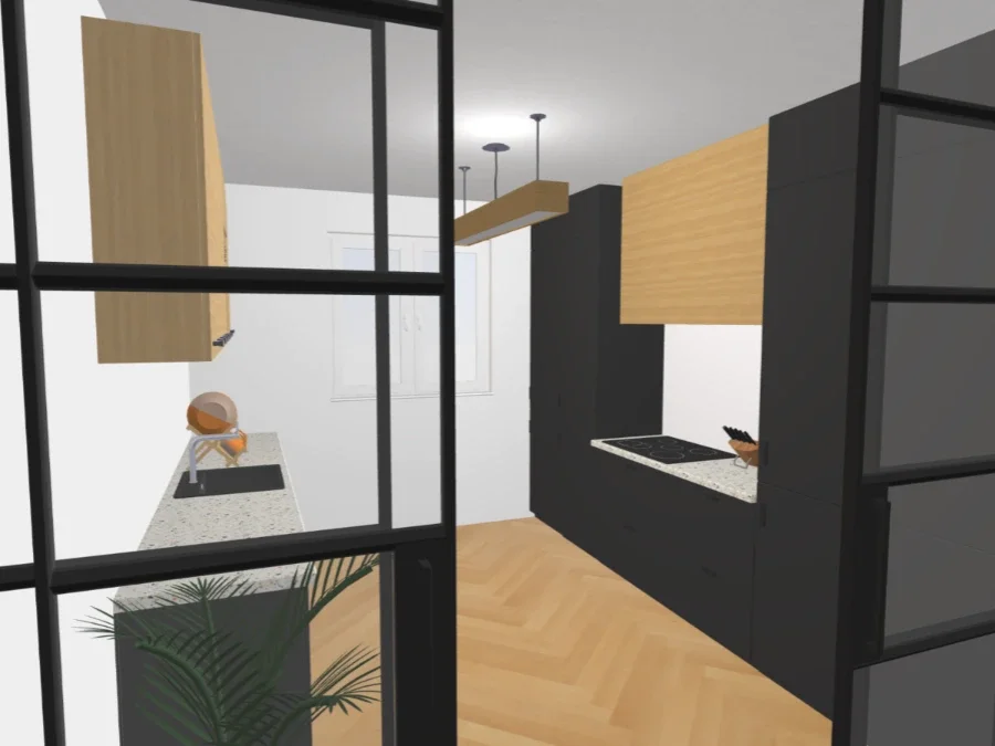 Modern kitchen with black cabinets, light wood accents, and a white speckled countertop, viewed through a glass door with black framing.