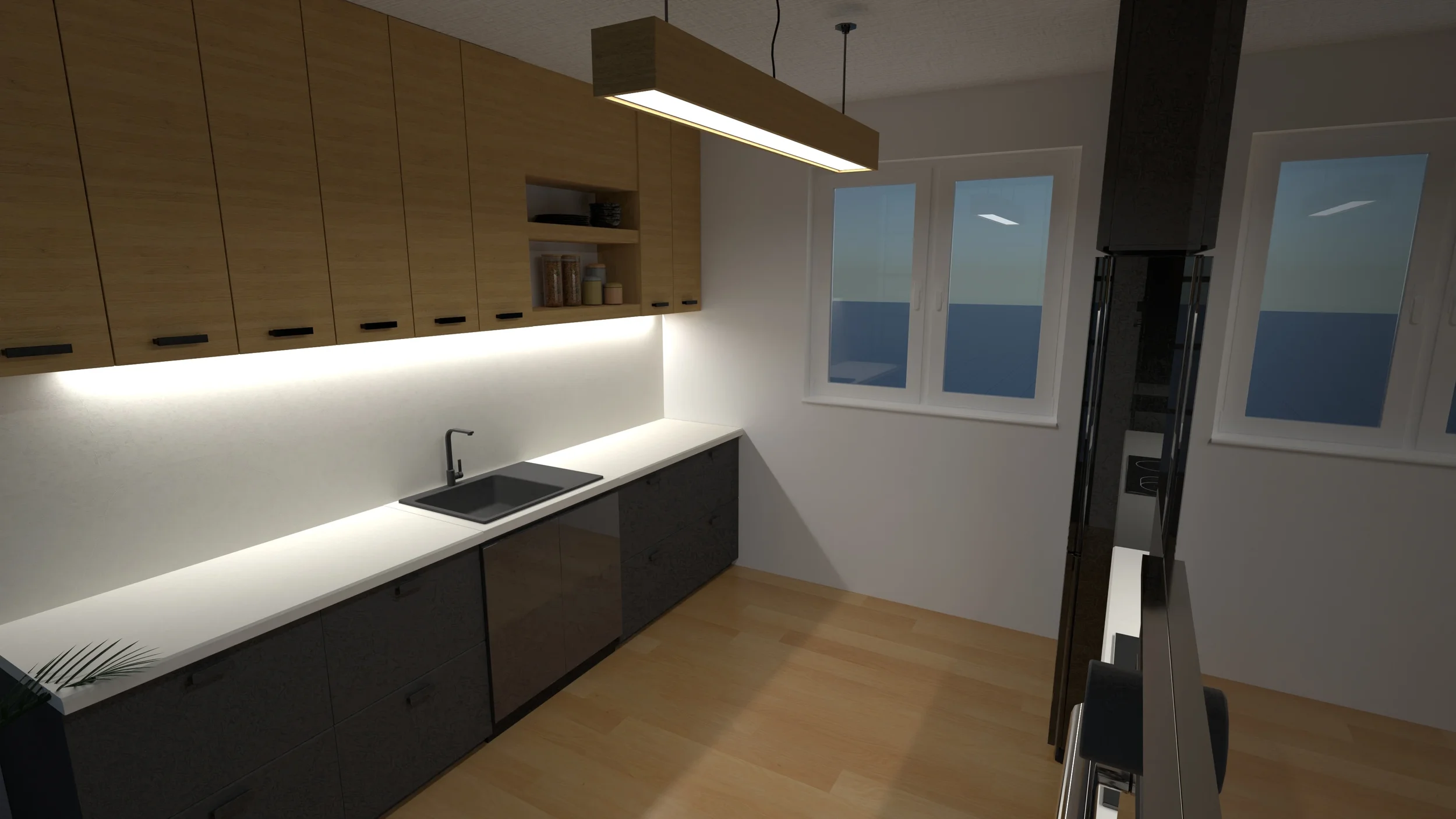 Modern kitchen with wooden upper cabinets, black lower cabinets, white countertop, sink, and large windows with night view.