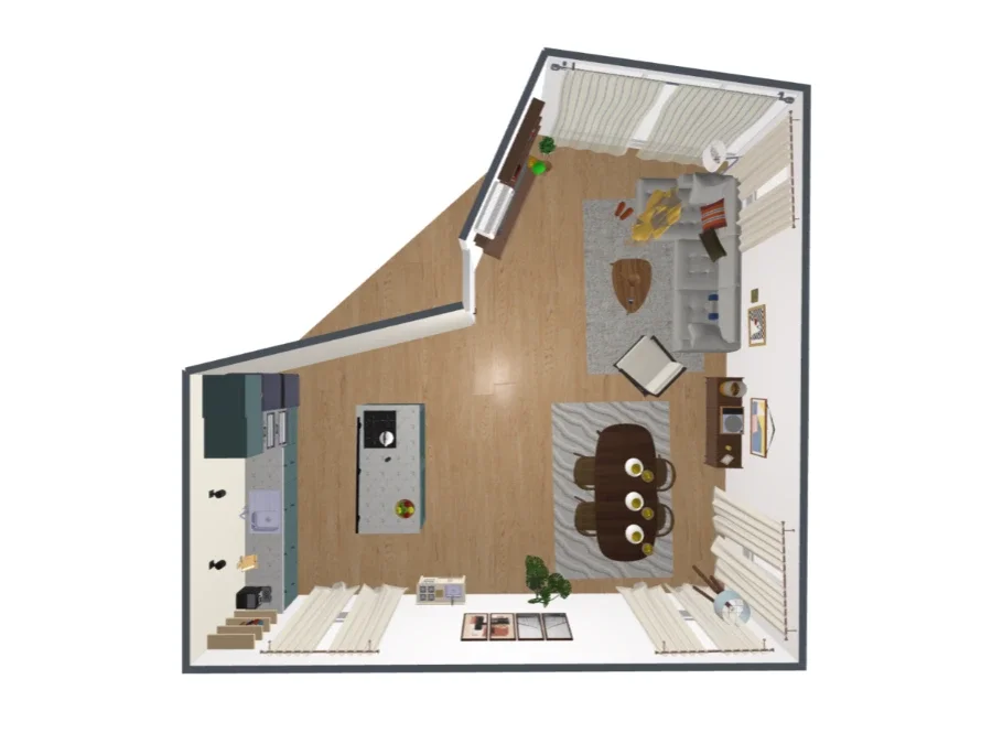 A top-down view of an open-concept living room and kitchen area with wood flooring, a couch, coffee table, side table, dining table with chairs, and various decorations.
