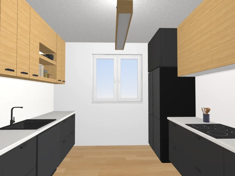 A modern kitchen with white walls, wooden upper cabinets, black lower cabinets, a white countertop, a black sink, a window, and a black refrigerator.