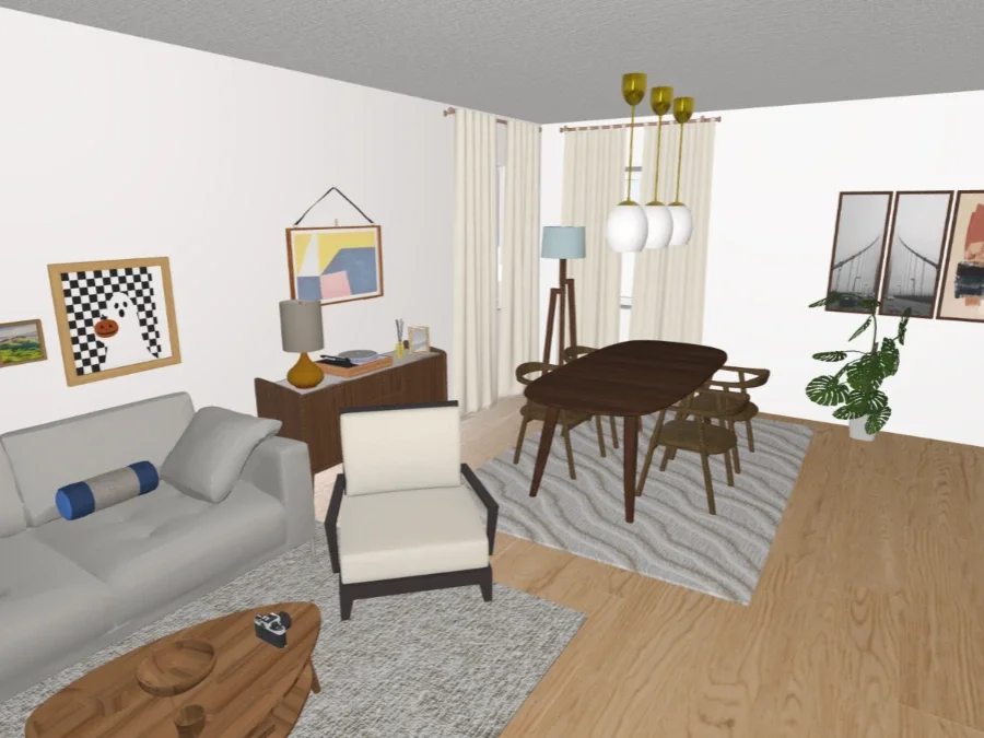 Living and dining room with a gray sofa, white armchair, wooden coffee table, sideboard with a lamp and artwork, dining table with six chairs, hanging light fixtures, window with curtains, framed photos of a bridge and cityscape, and a potted plant.