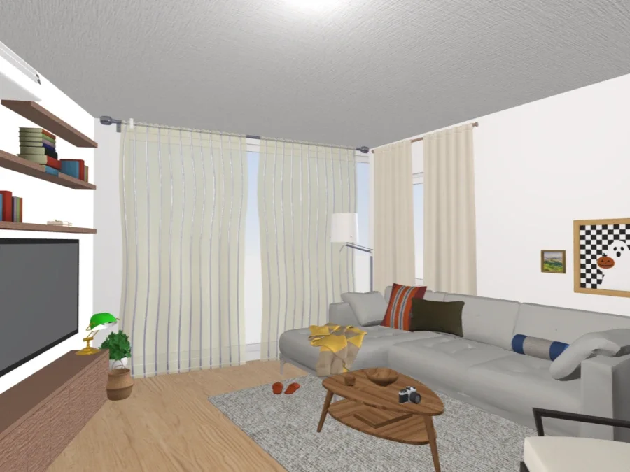 Living room with a large L-shaped sofa, striped and solid pillows, a wooden coffee table with a camera, curtains, a wall art with a checkerboard pattern, a television, plants, and bookshelves.
