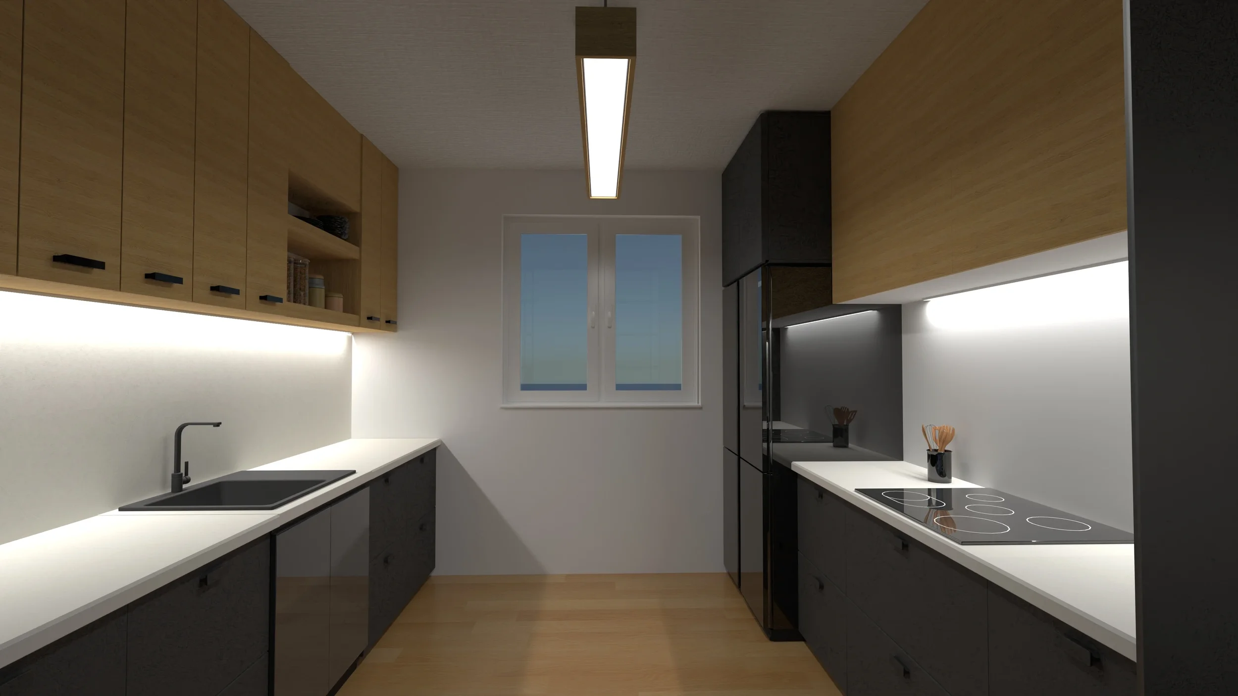 Modern kitchen with white countertops, black cabinetry, upper wooden cabinets, a window, and built-in appliances.