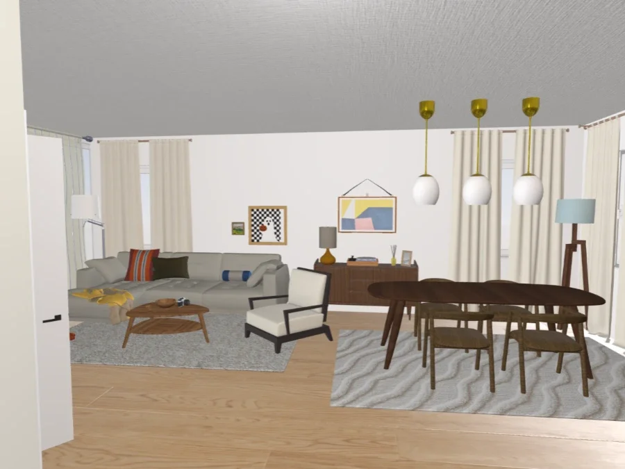 Living room with gray sofa, black and white armchair, wooden coffee table, dining table with six chairs, wall art, and various lamps, with wooden flooring and light-colored curtains.