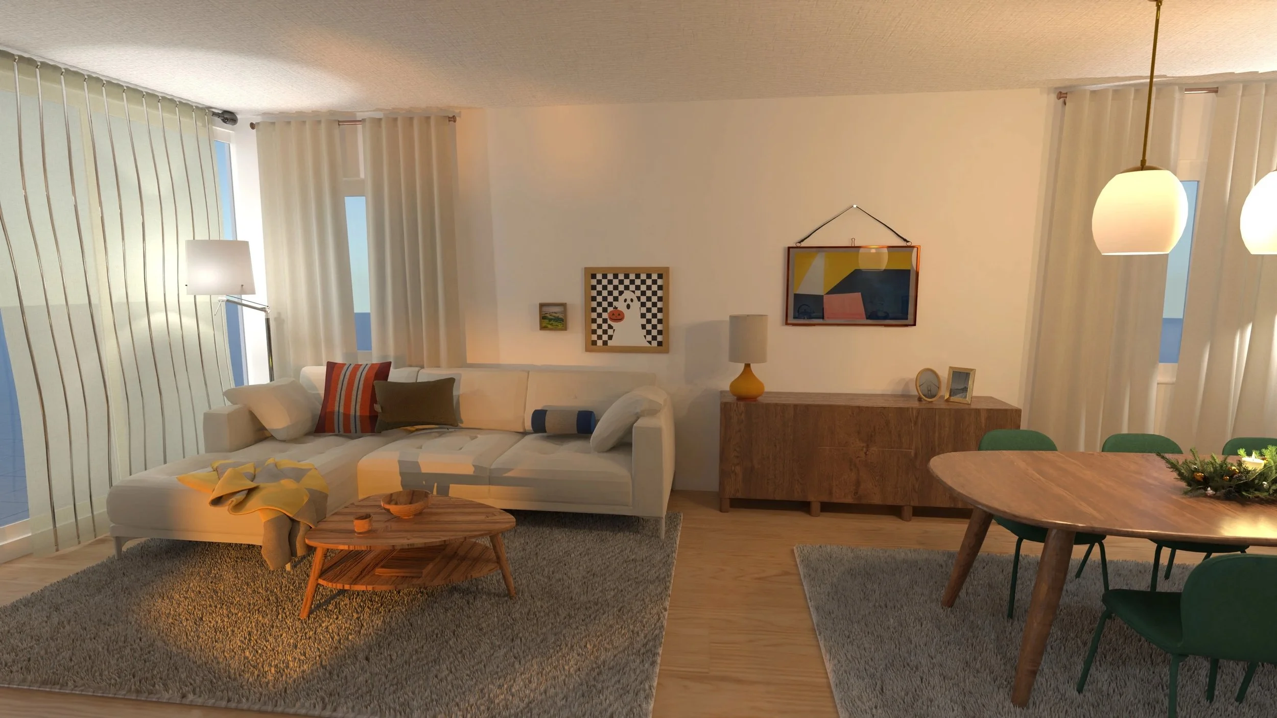 Living room with a white sofa, colorful pillows, a wooden coffee table, artwork on the wall, a side table with a yellow lamp, and a dining area with a wooden table and green chairs, illuminated by hanging pendant lights.