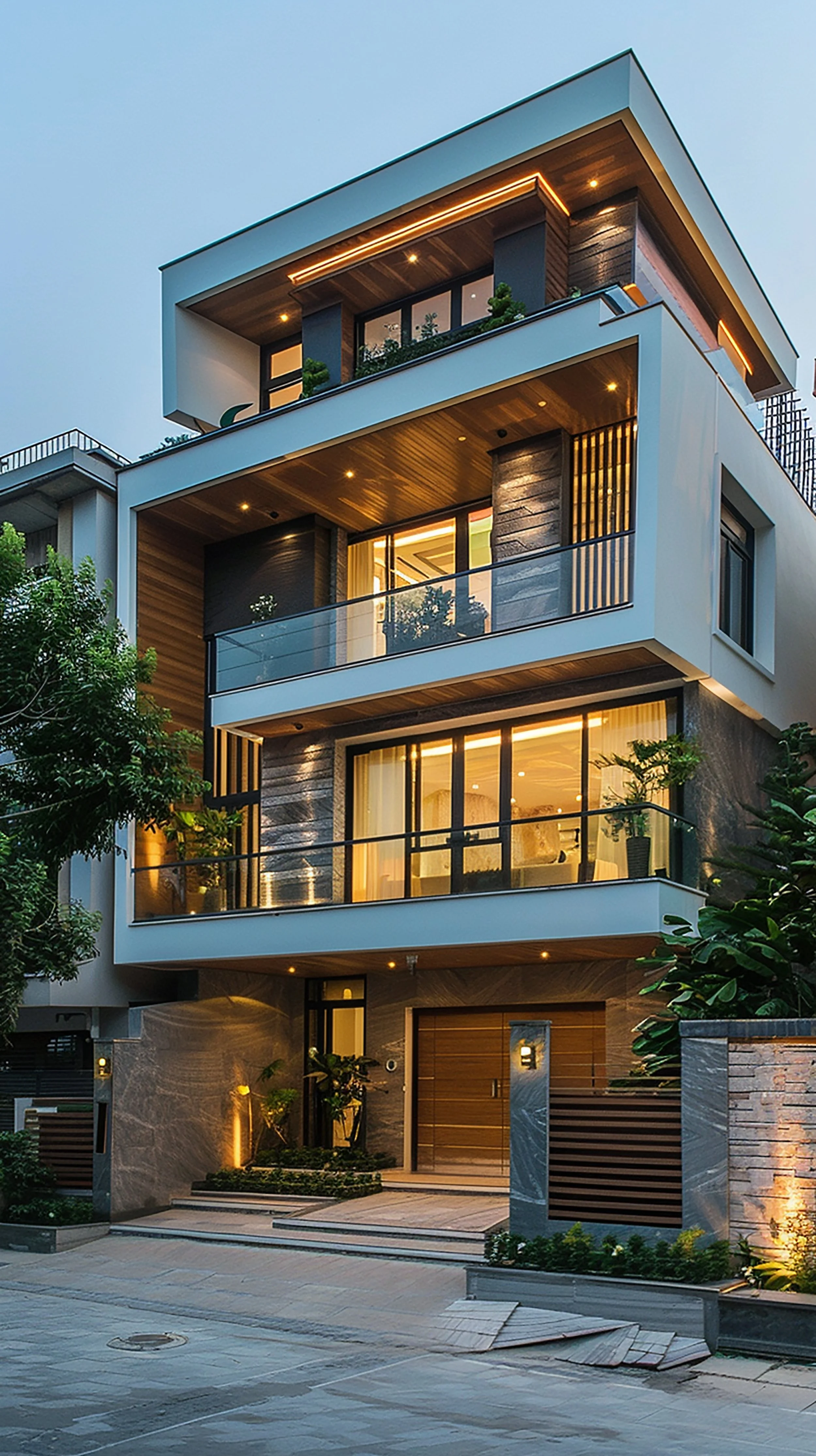 Modern multi-story house with large glass windows, illuminated interior, and contemporary architecture, surrounded by greenery.