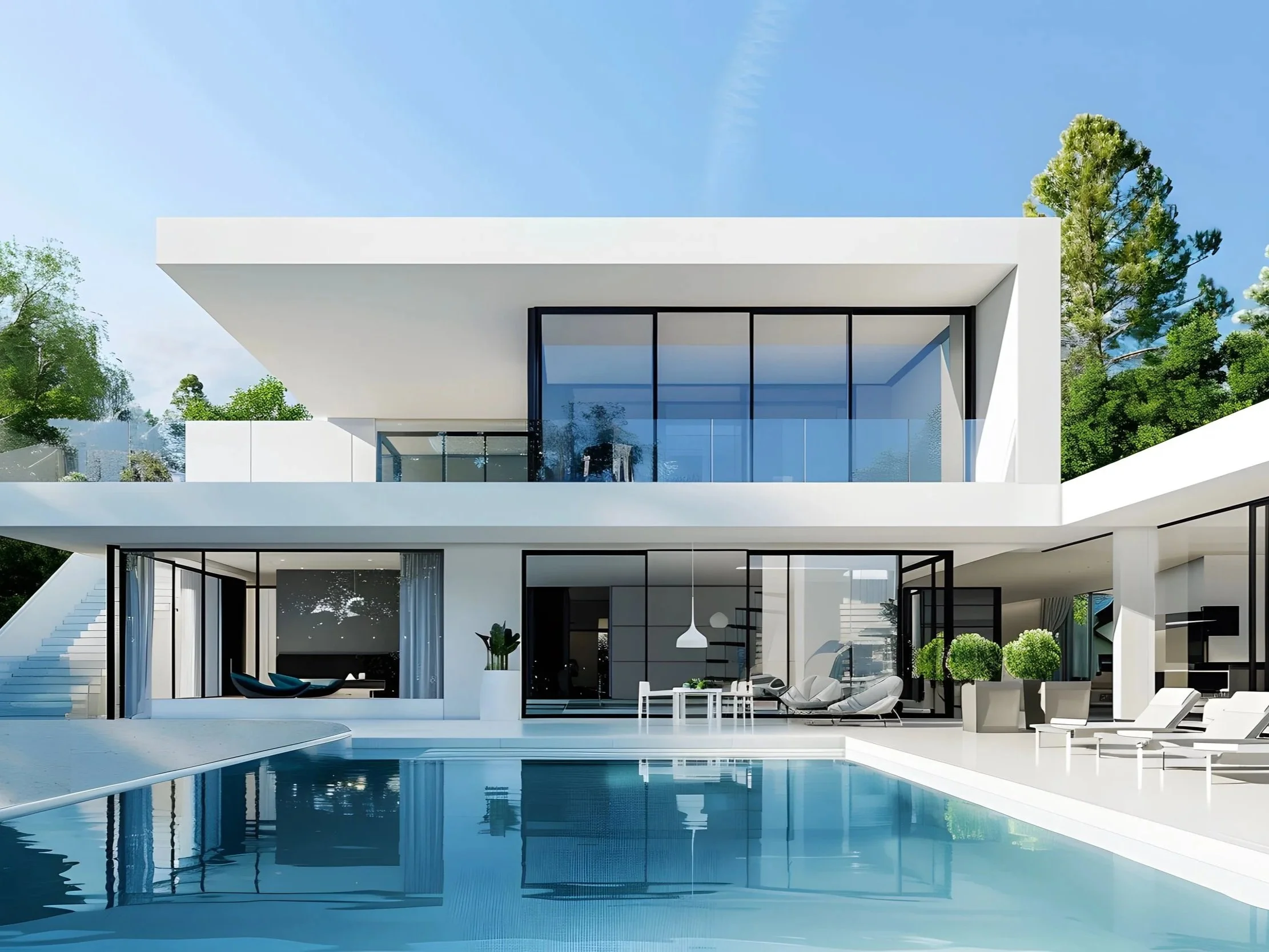 Modern white house with large glass windows and outdoor pool, surrounded by trees under a blue sky.