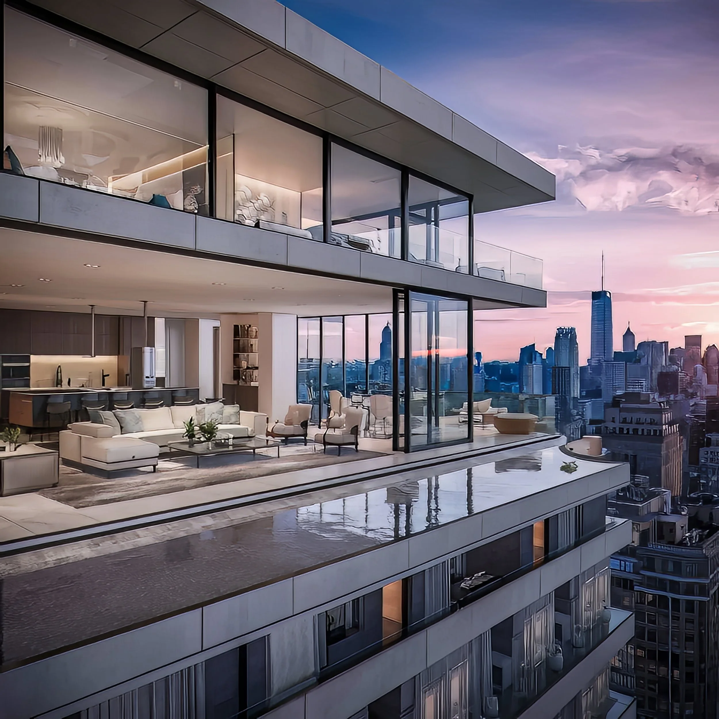 Modern city skyscraper with a spacious balcony featuring outdoor living and lounge furniture, overlooking a city skyline at sunset.