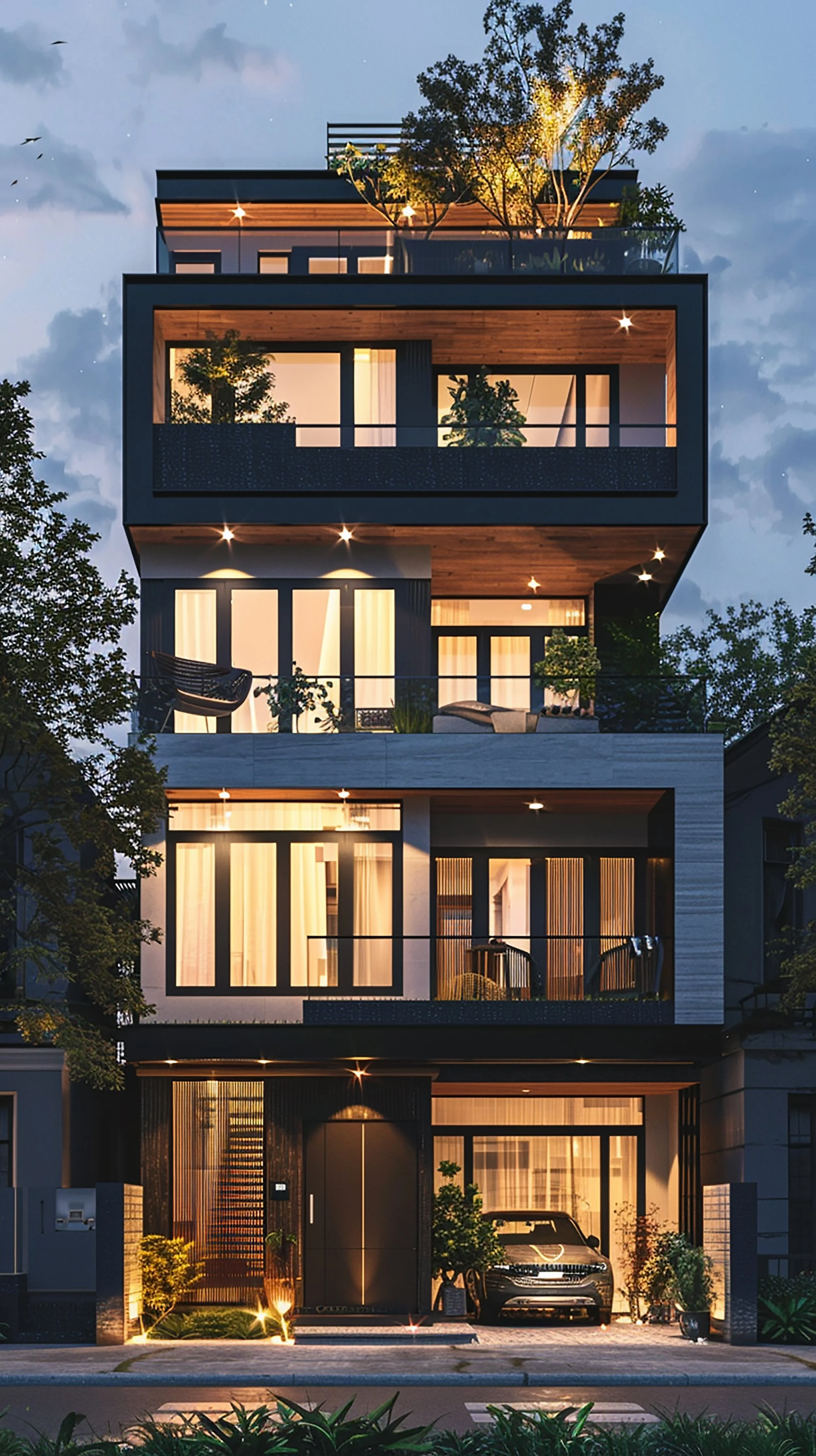 Modern multi-story house illuminated at night, featuring large windows, balconies, and a garage with a luxury car, surrounded by trees and outdoor lighting.
