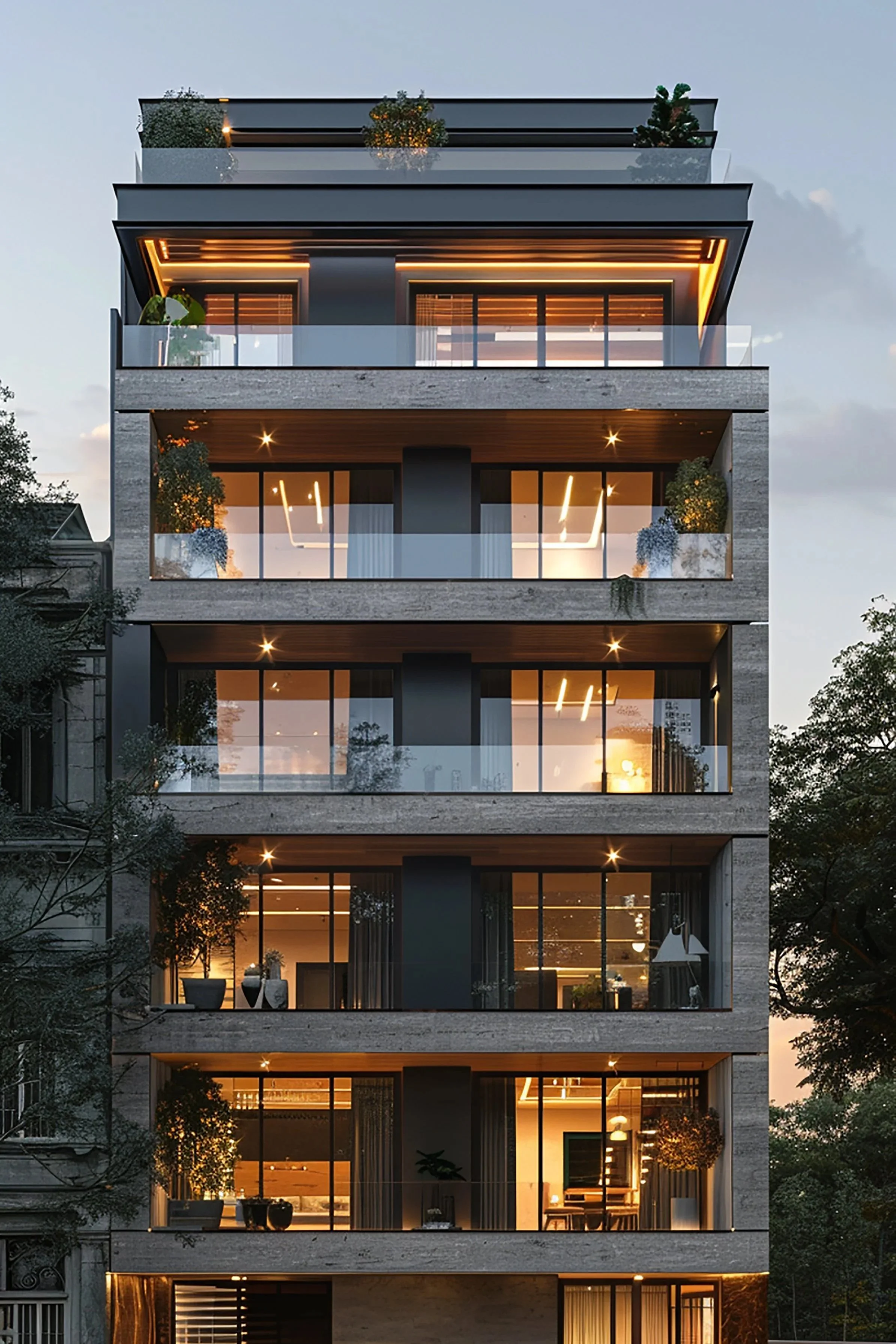 Nighttime view of a modern apartment building with glass balconies, illuminated from within, and trees on both sides.