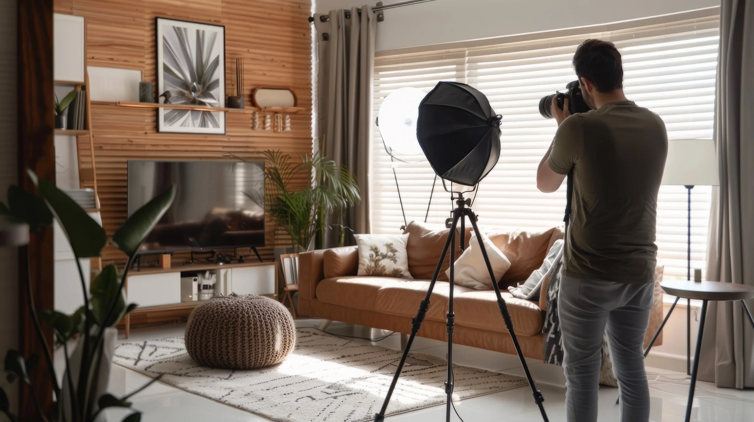 Photographer setting up a shot in a cozy living room with a tan sofa, a knitted ottoman, and natural light coming through blinds.