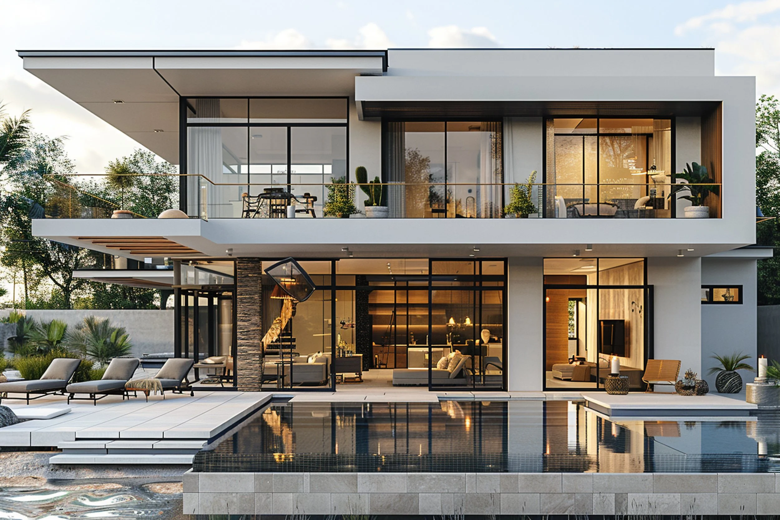 Modern two-story house with large glass windows, an outdoor swimming pool, lounge chairs, and patio furniture.