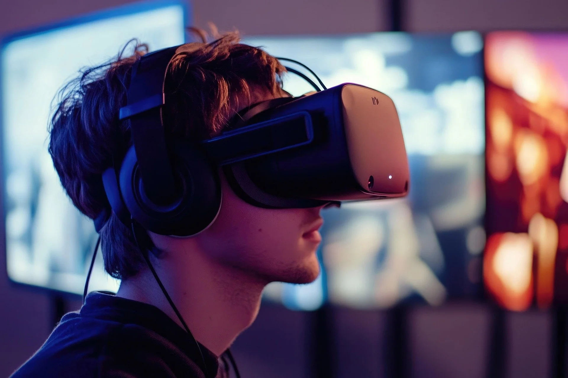 Person wearing a VR headset and headphones engaging in virtual reality experience in a room with multiple screens.