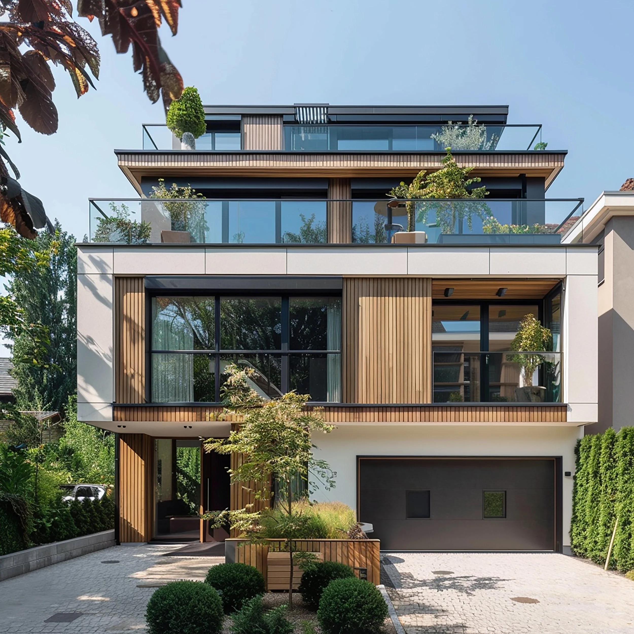 Modern multi-story house with large glass windows, wooden paneling, and a landscaped front yard with bushes and trees.