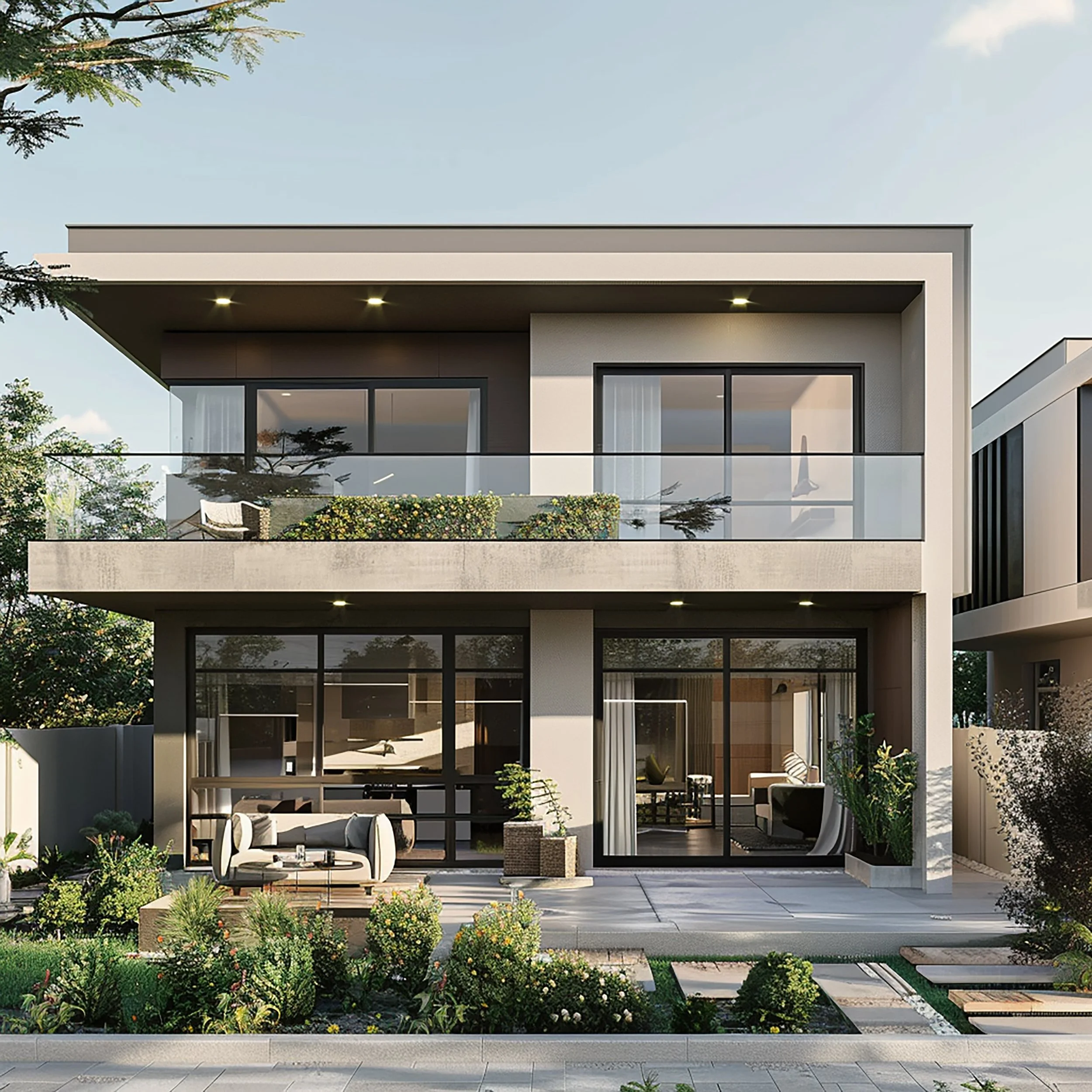Front view of a modern two-story house with large windows, a balcony with glass railing on the second floor, and a landscaped garden with various plants and outdoor furniture.