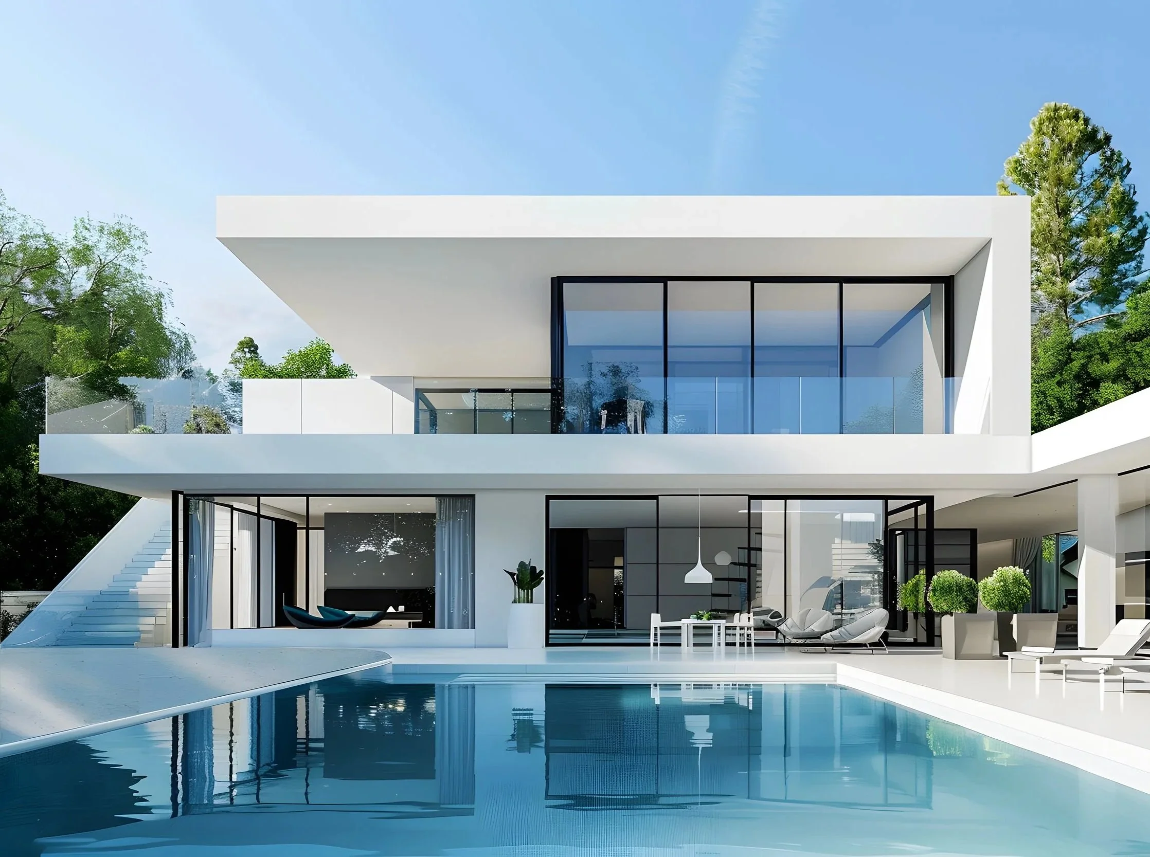 Modern white multi-story house with large glass windows, a swimming pool in the foreground, and surrounded by greenery and trees under a blue sky.