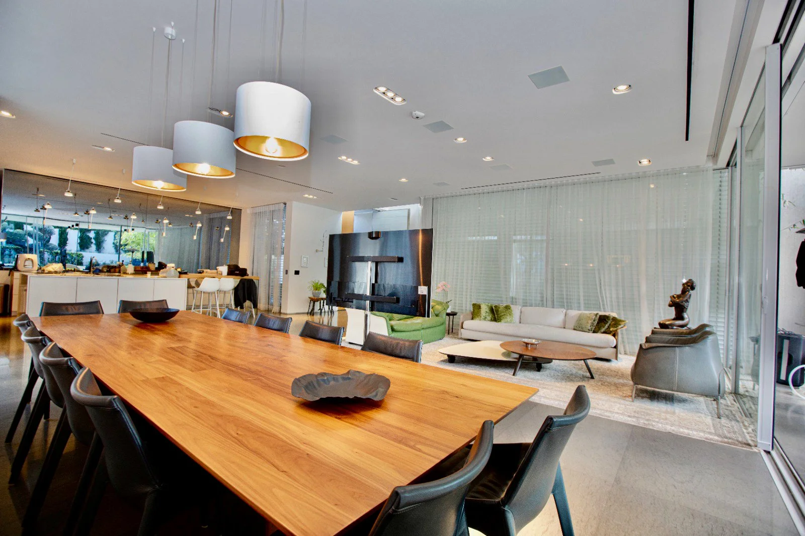 Modern dining and living room with large wooden table, black chairs, white and green sofas, and large windows with curtains.