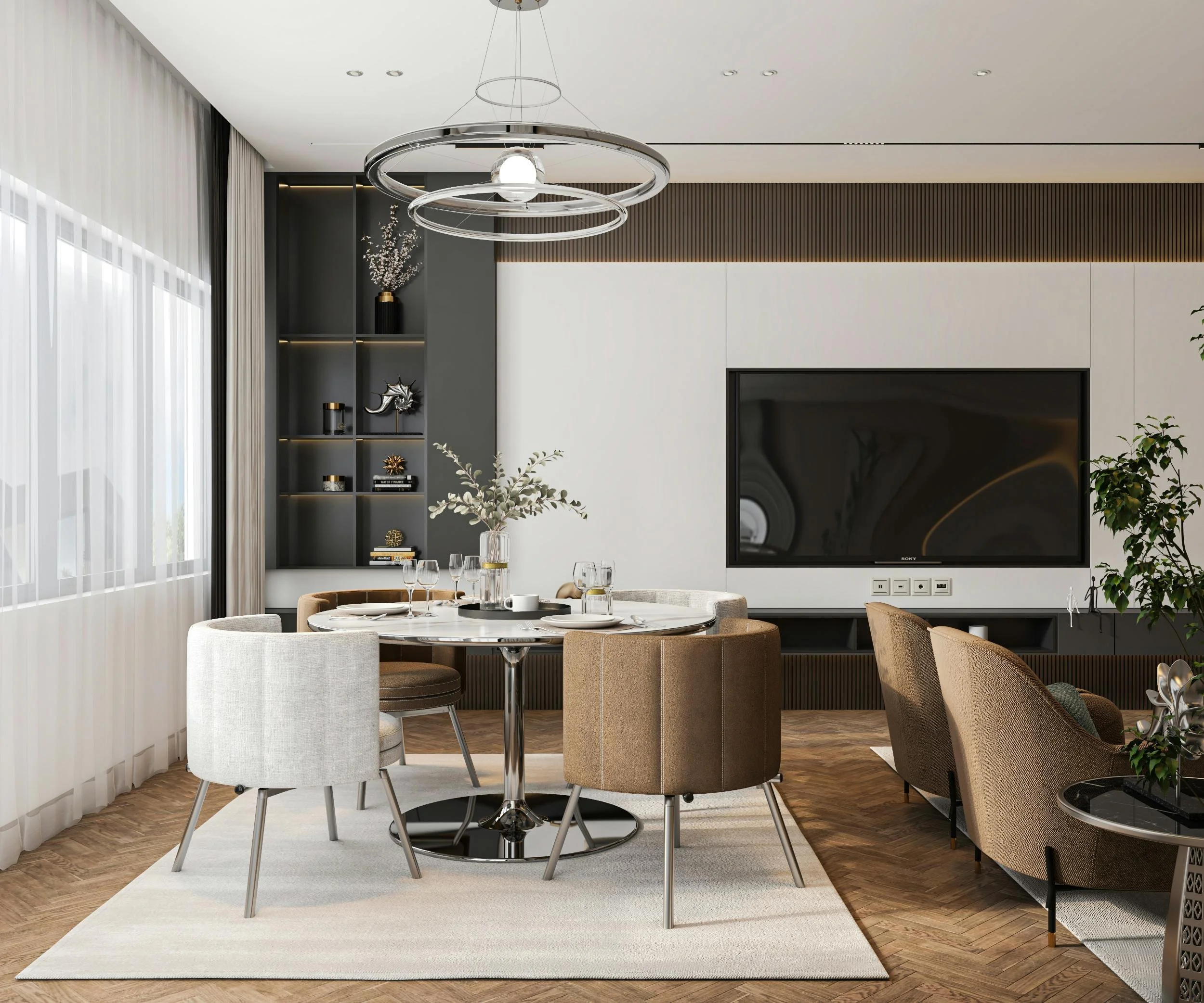 Modern living and dining room with a round white table, eight chairs, a wall-mounted flat-screen TV, decorative shelves, and large windows with sheer curtains.