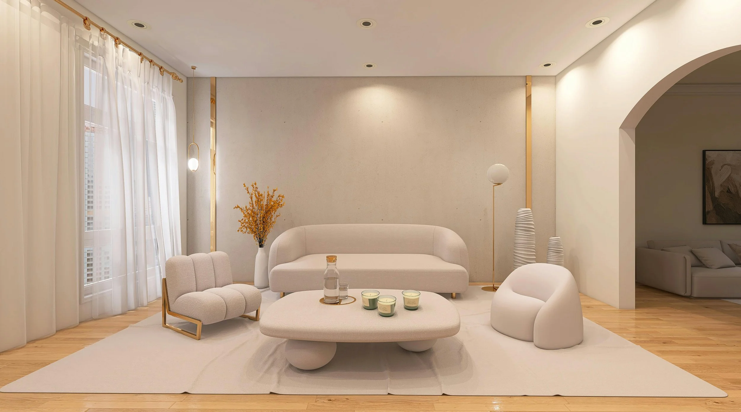 Minimalist living room with white furniture including a sofa, armchair, and a coffee table, with decor such as a vase with orange flowers, candles, and modern floor lamps, and large windows with white sheer curtains.
