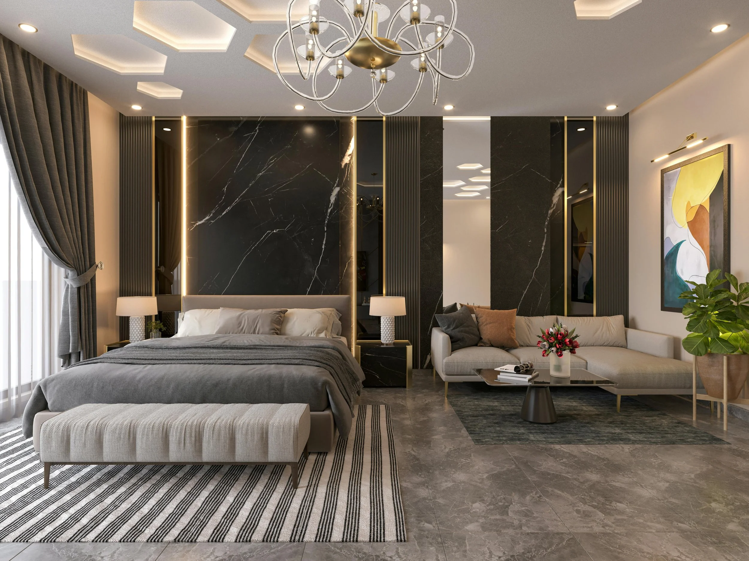 Modern bedroom with a bed, bedside tables with lamps, a bench at the foot of the bed, a sitting area with a sofa, coffee table with flowers, abstract art on the wall, dark marble wall accent, curtains, and decorative lighting.